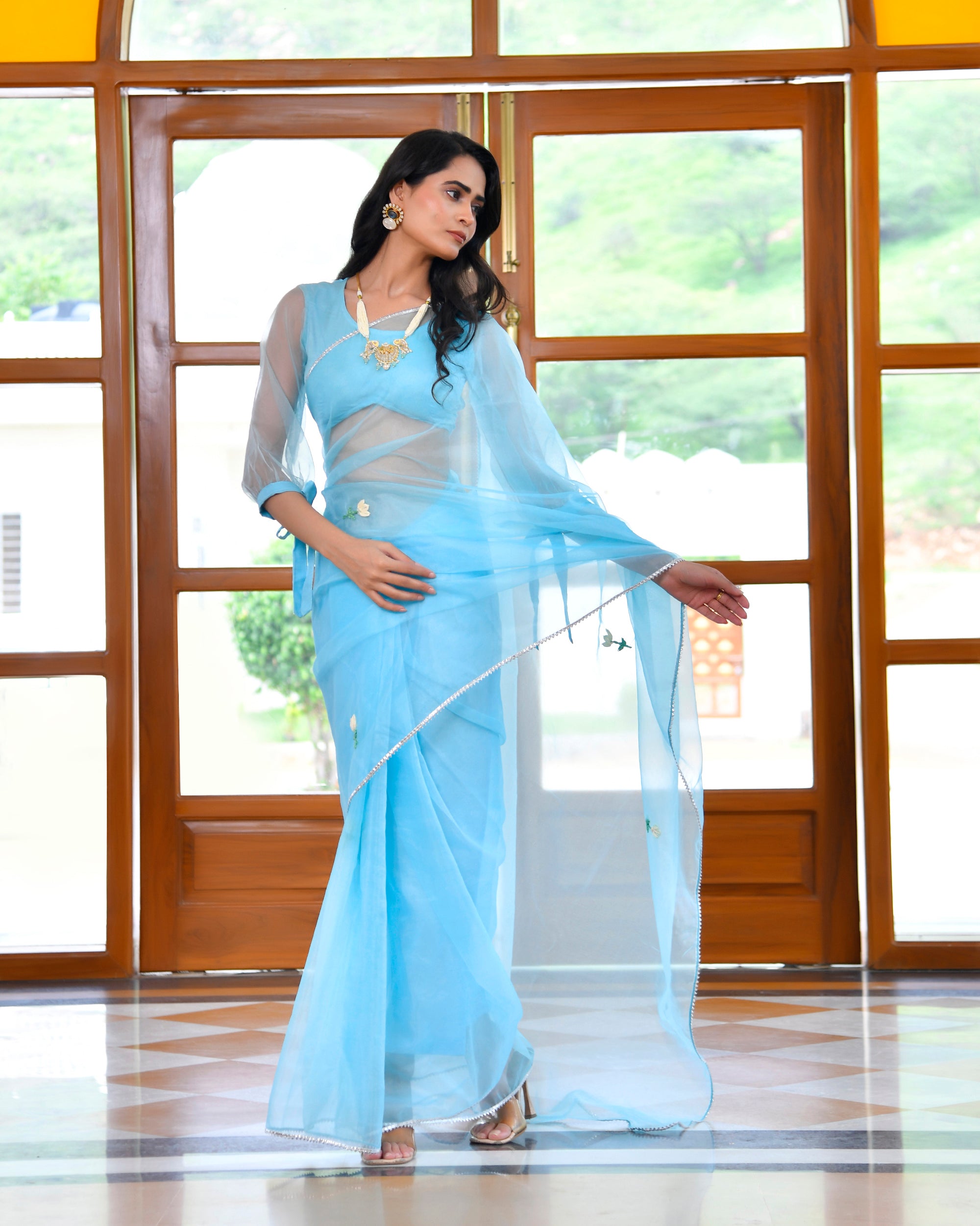 Whale Blue Organza Embroidered Saree