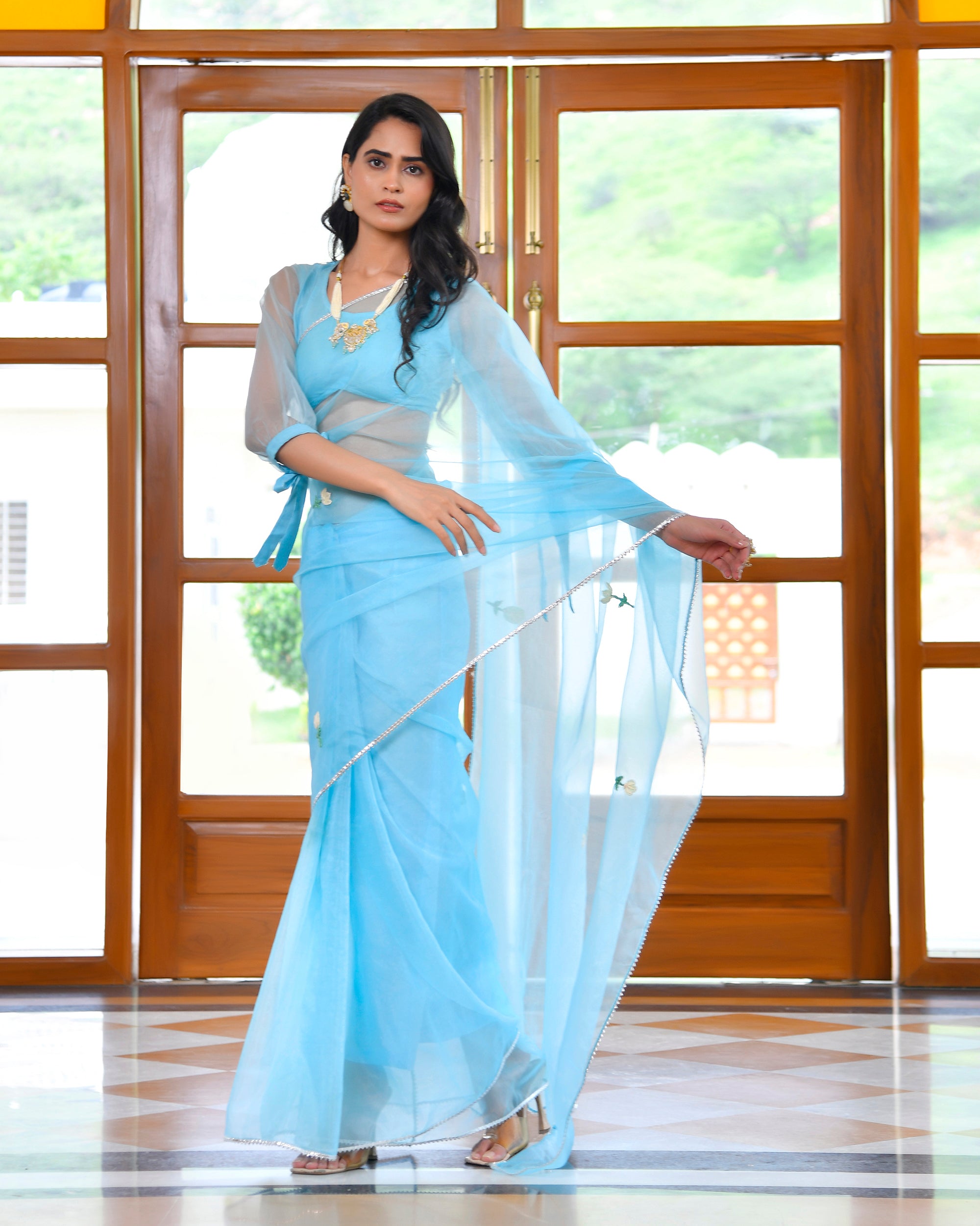 Whale Blue Organza Embroidered Saree