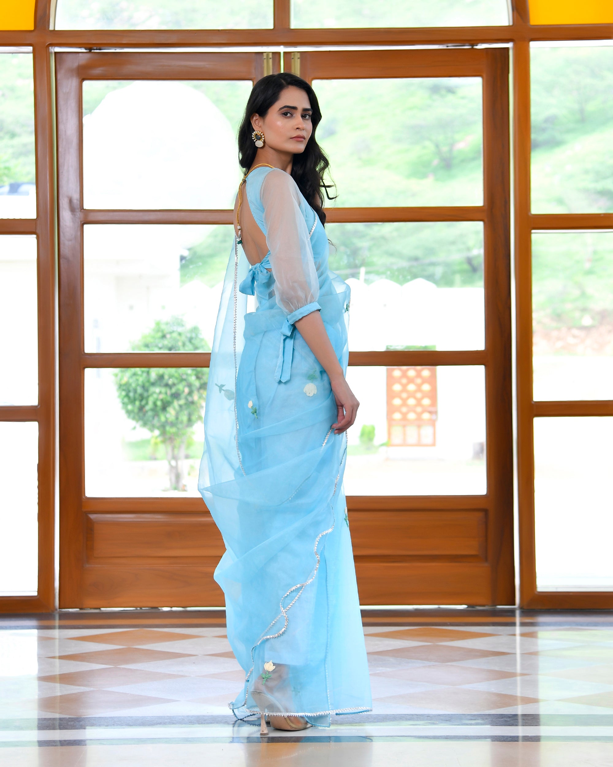 Whale Blue Organza Embroidered Saree