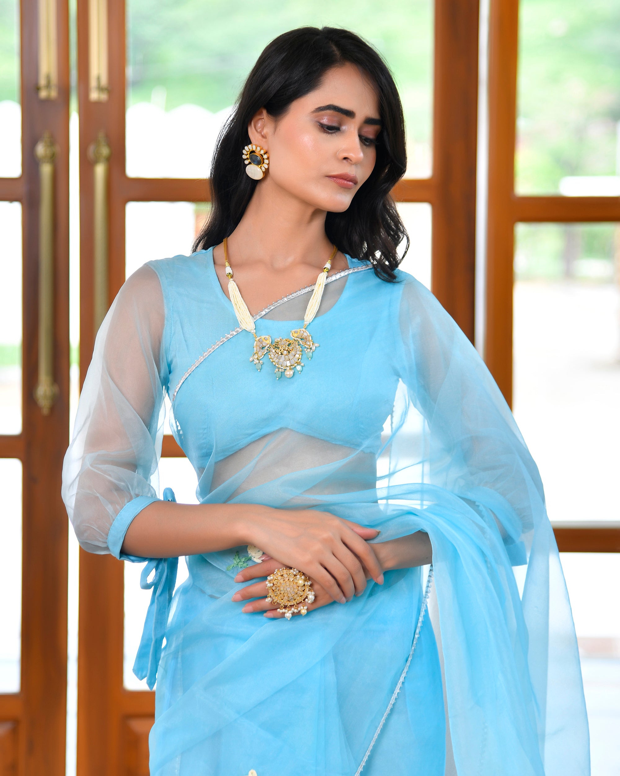 Whale Blue Organza Embroidered Saree