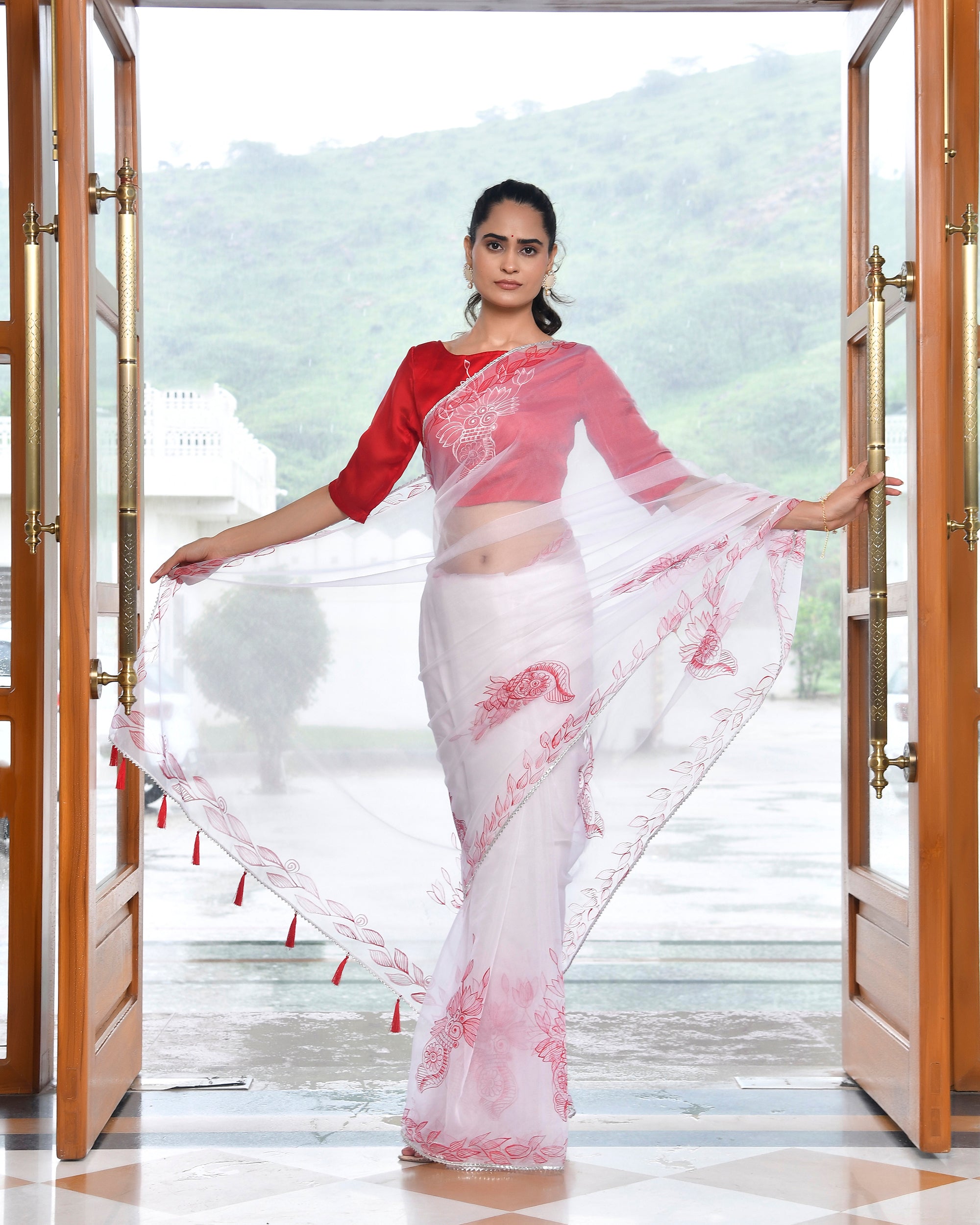 Kalash Red HandPainted Organza Saree