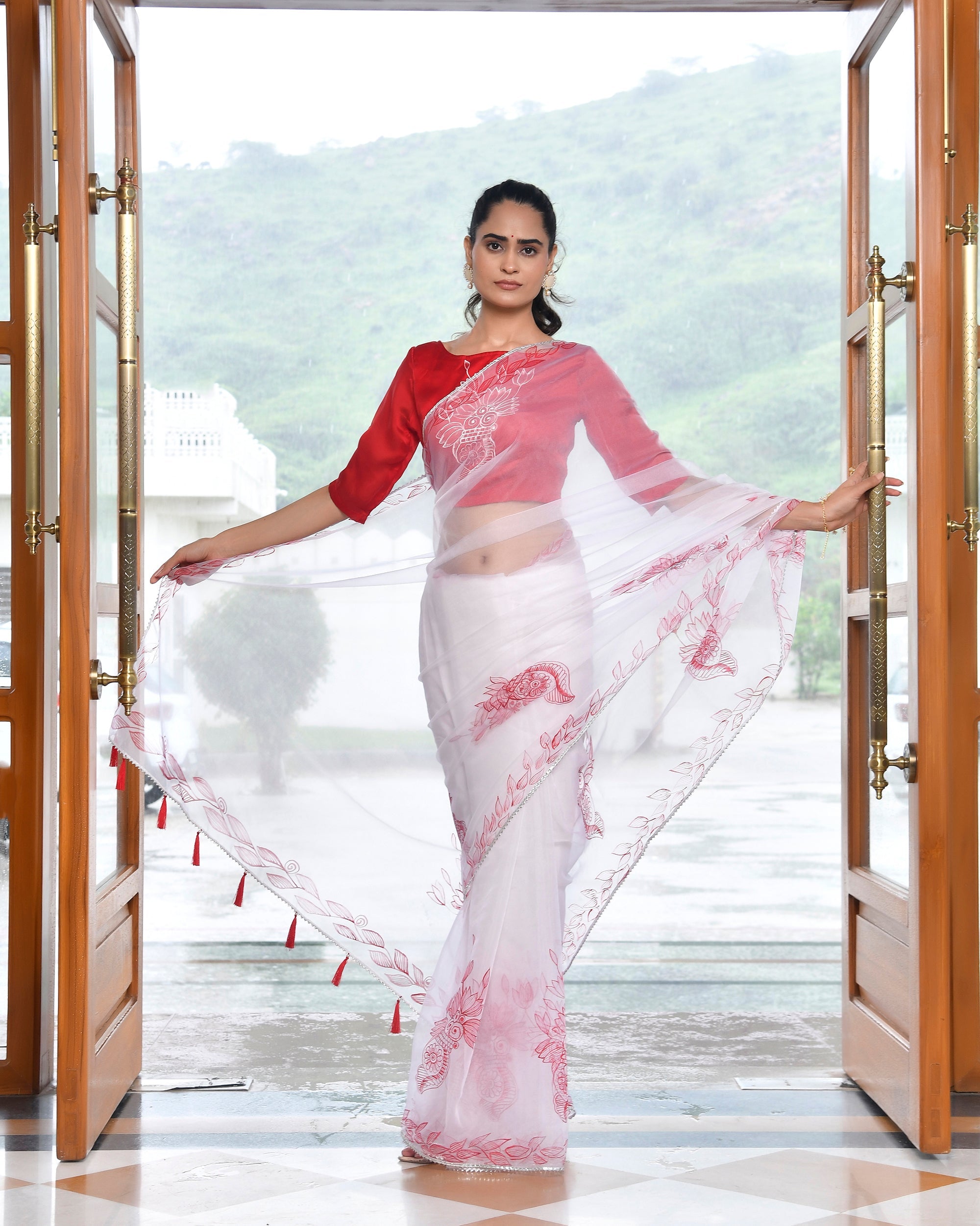 Kalash Red HandPainted Organza Saree