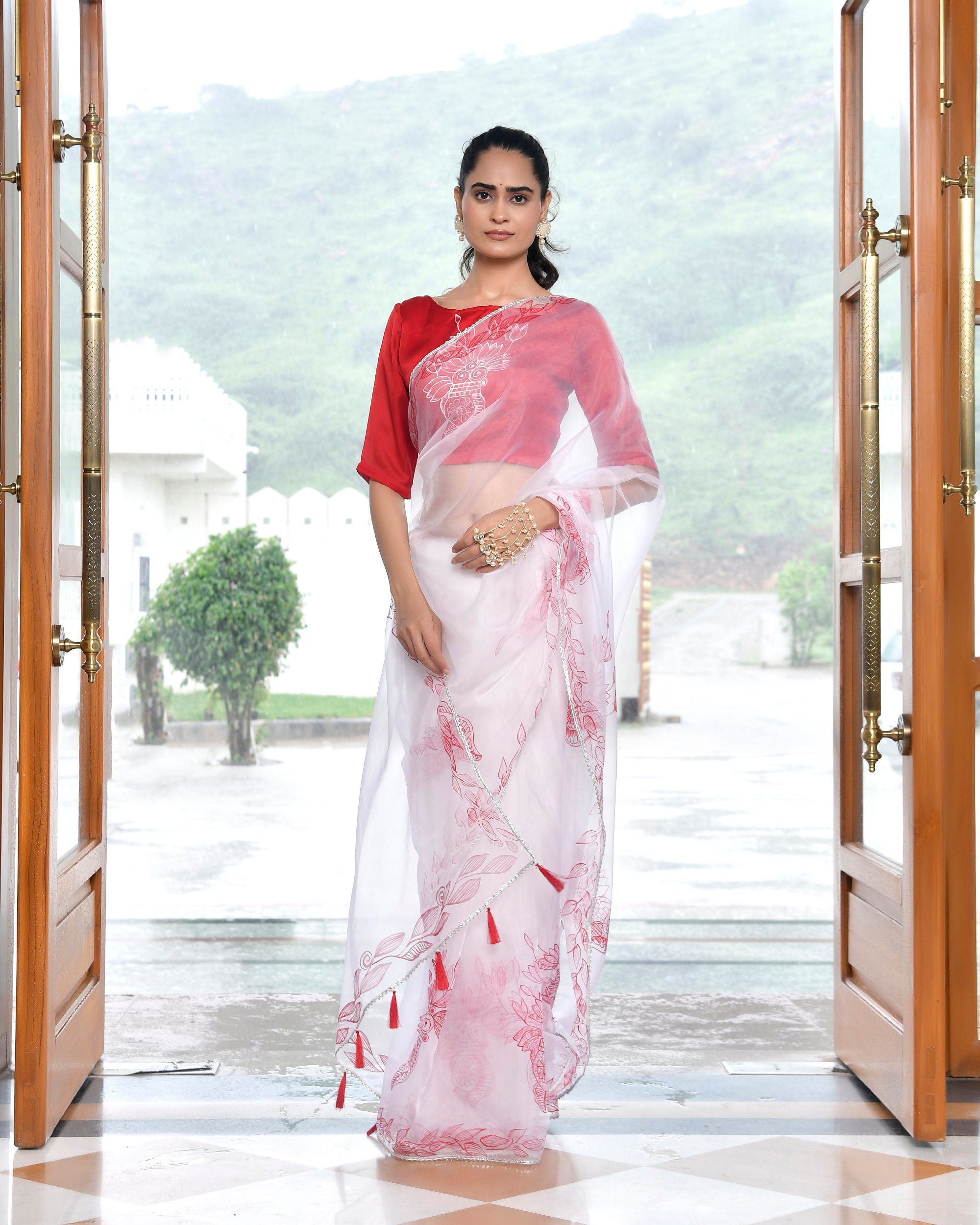 Kalash Red HandPainted Organza Saree