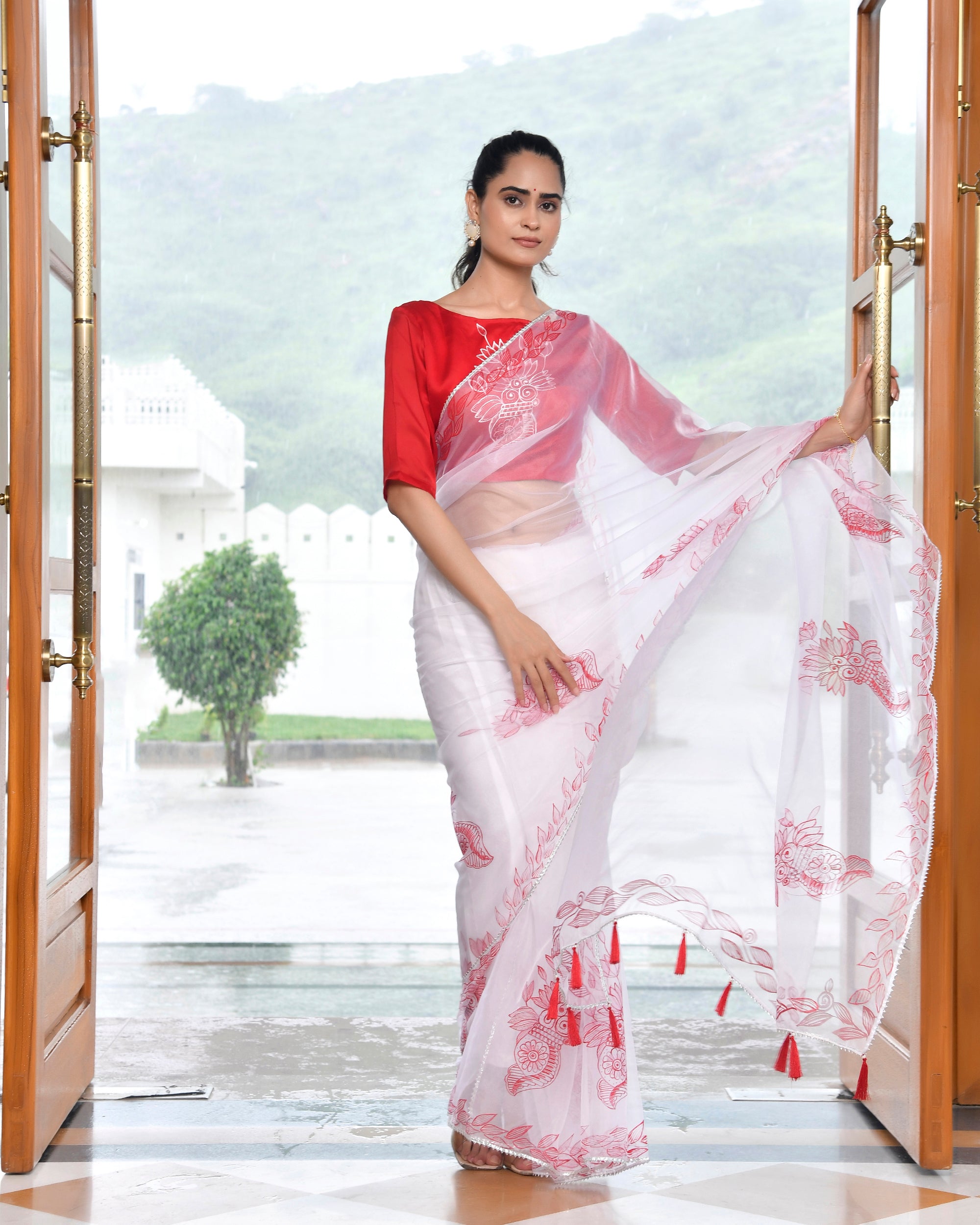 Kalash Red HandPainted Organza Saree