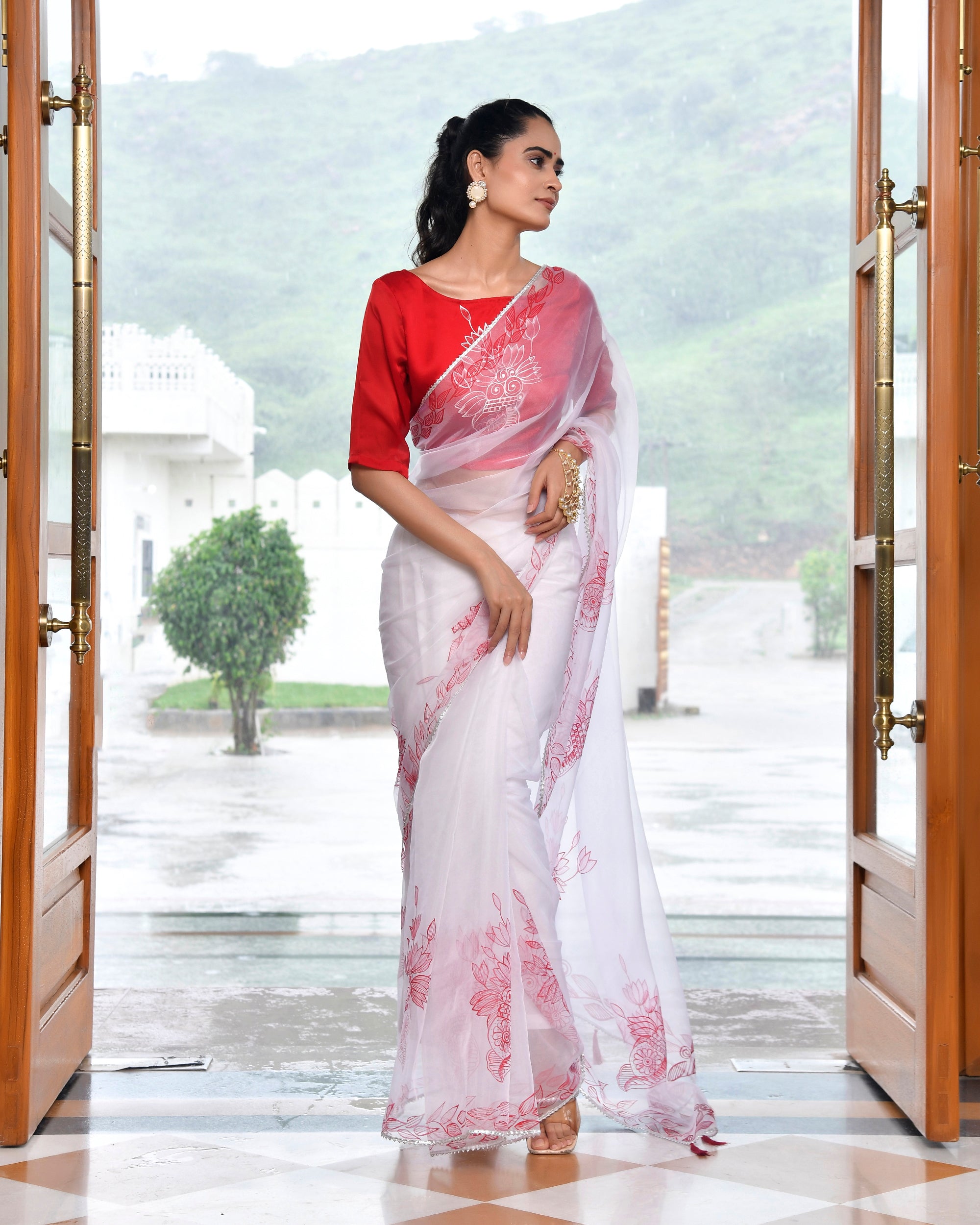 Kalash Red HandPainted Organza Saree