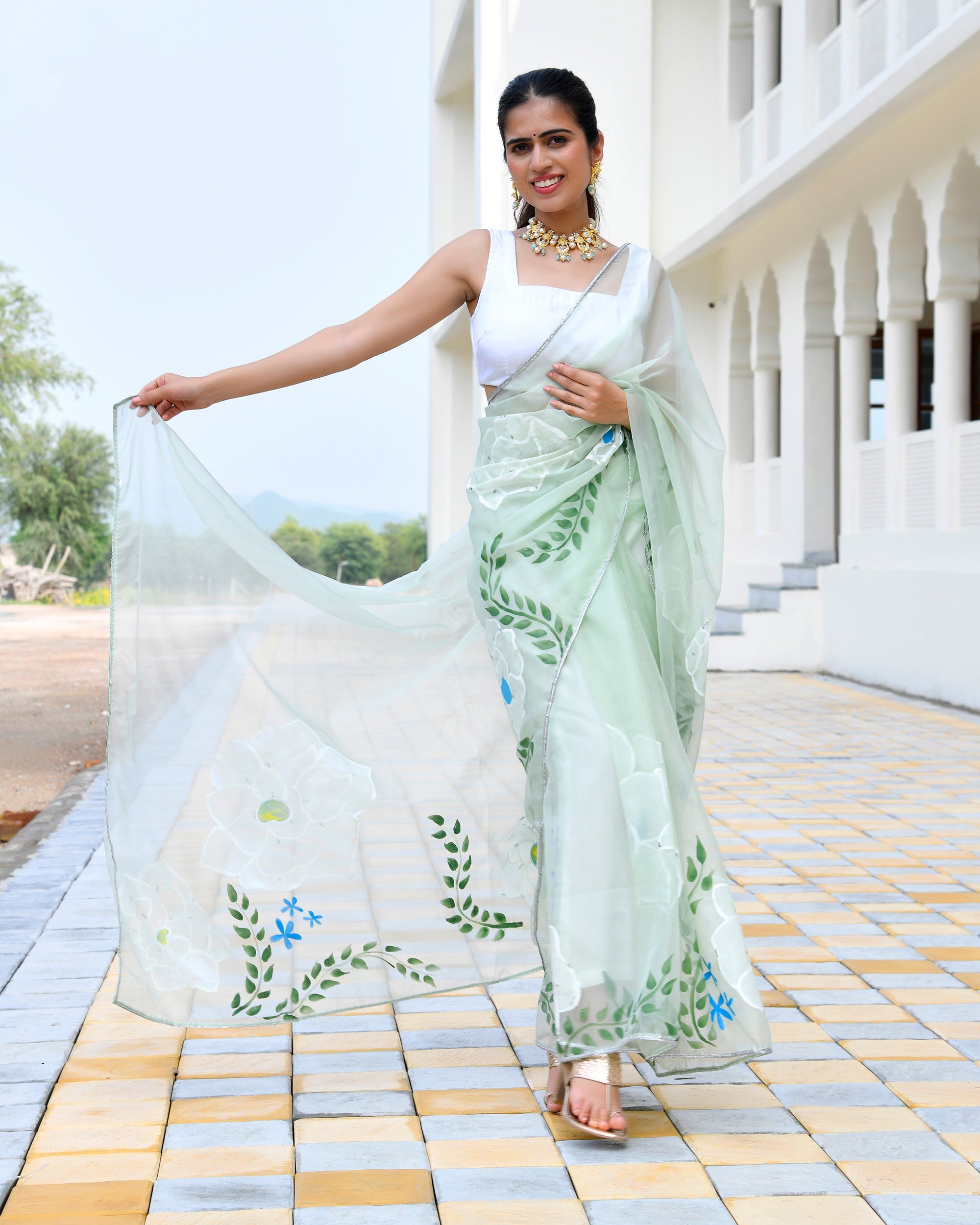 Jasmine Pista Green Handpainted Saree