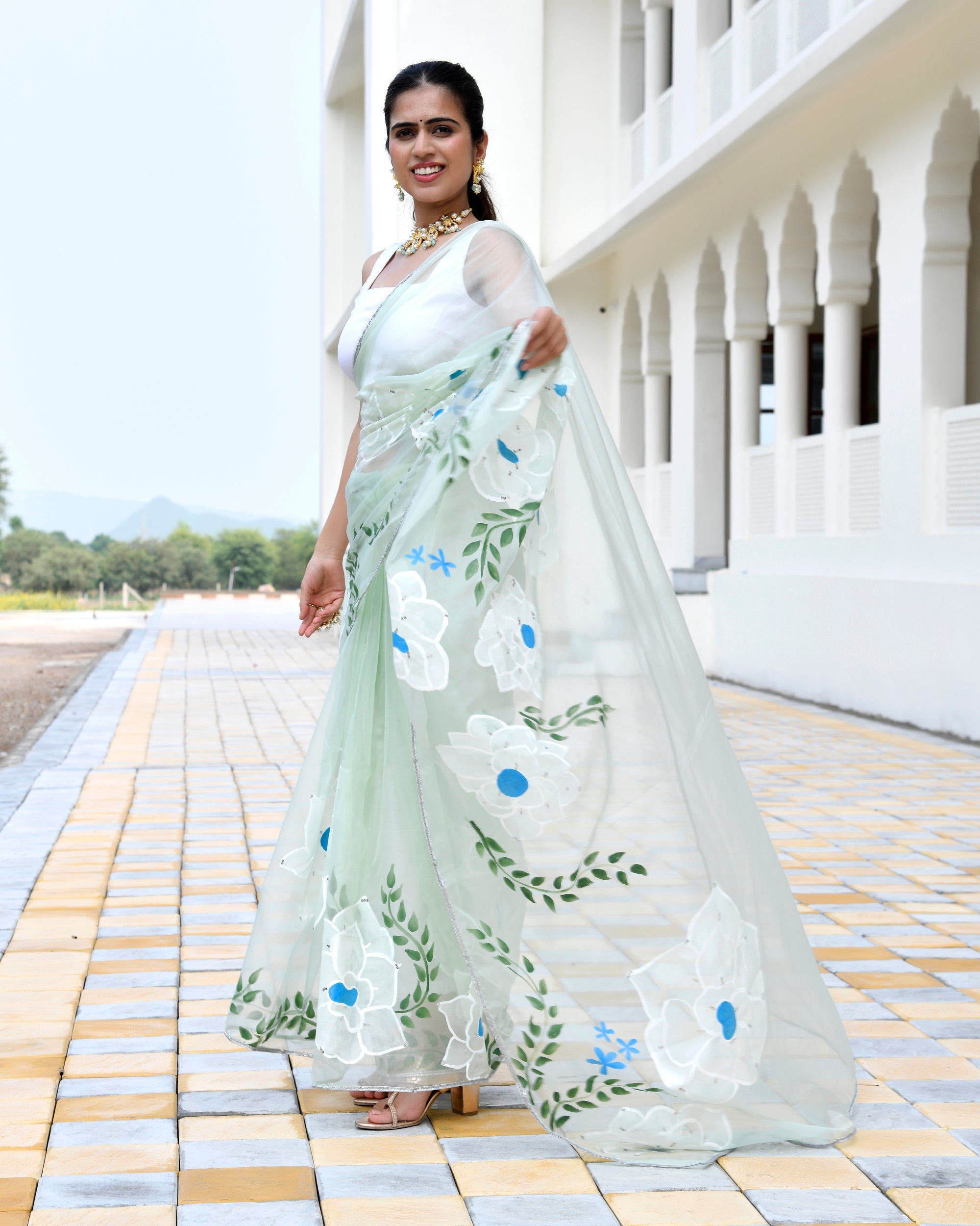 Jasmine Pista Green Handpainted Saree