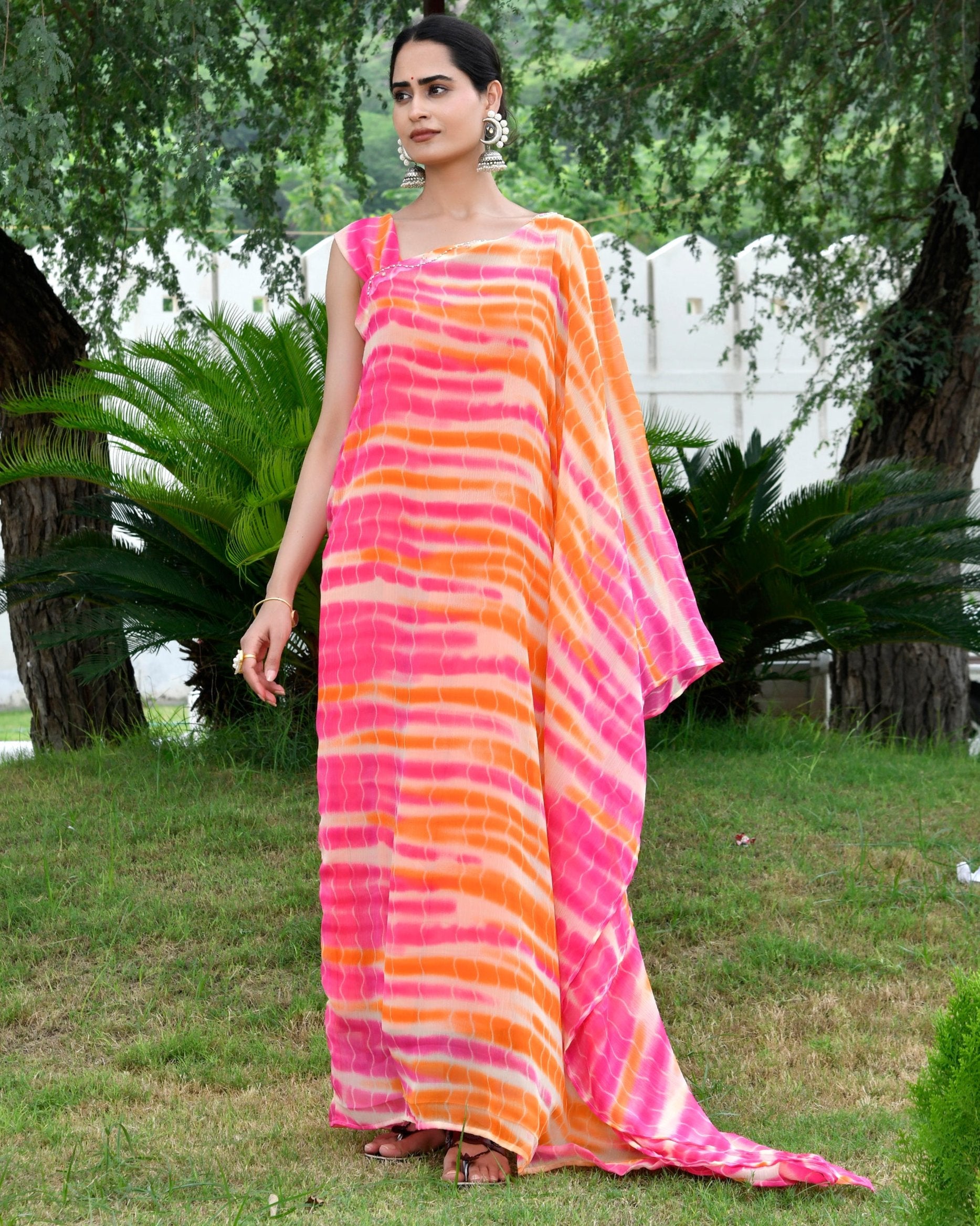 Striped Orange Shibori Kaftan Dress