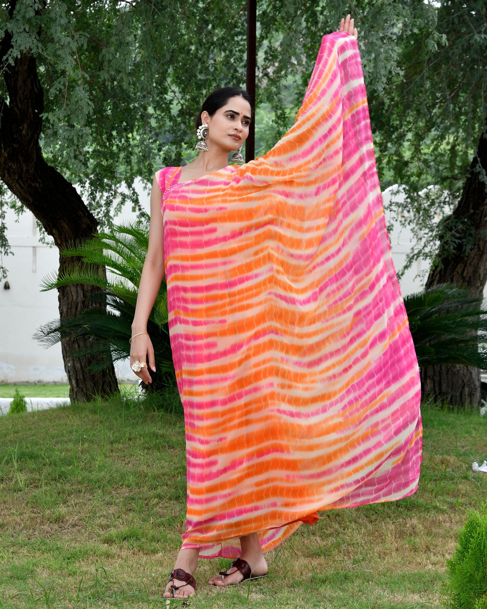 Striped Orange Shibori Kaftan Dress