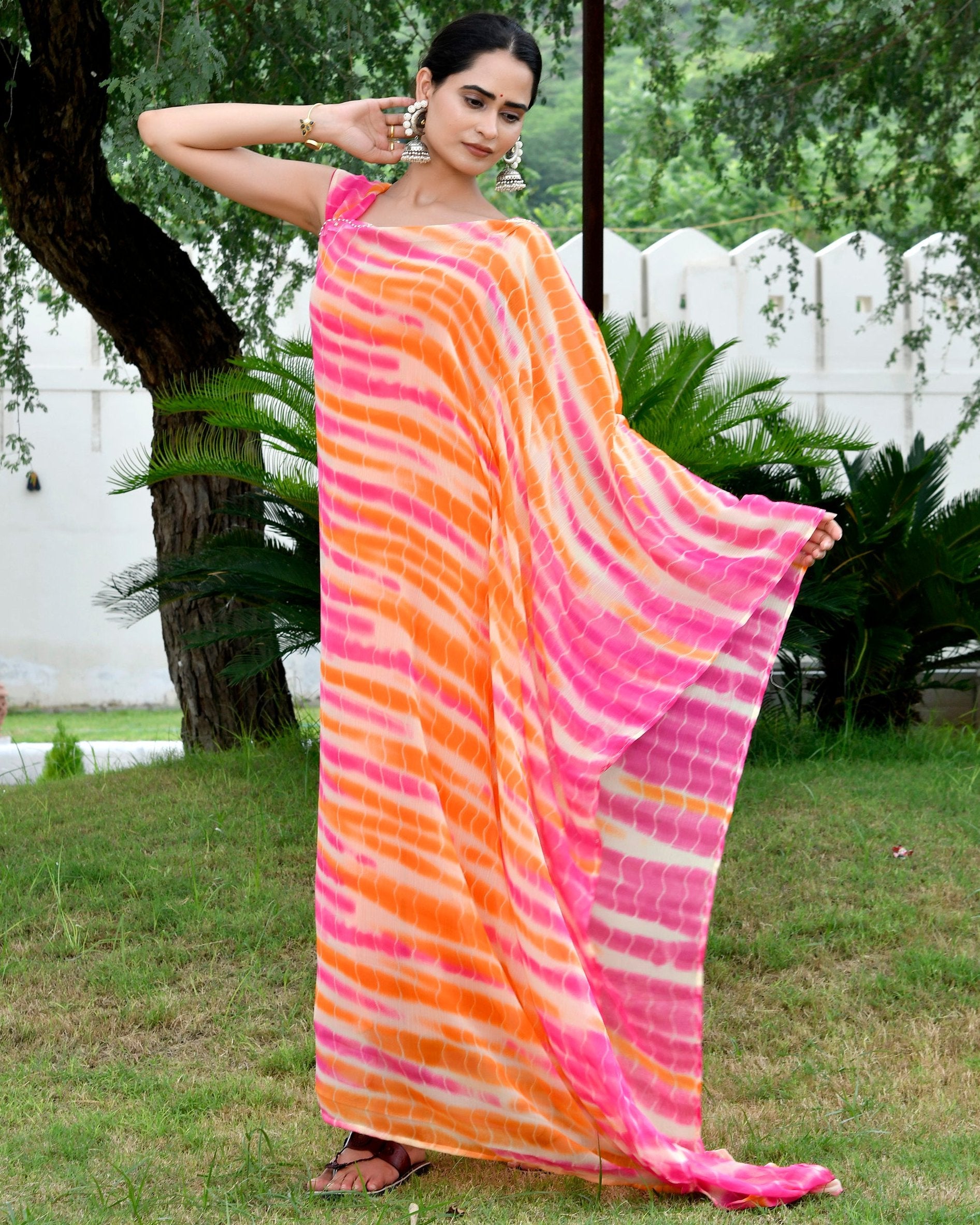 Striped Orange Shibori Kaftan Dress