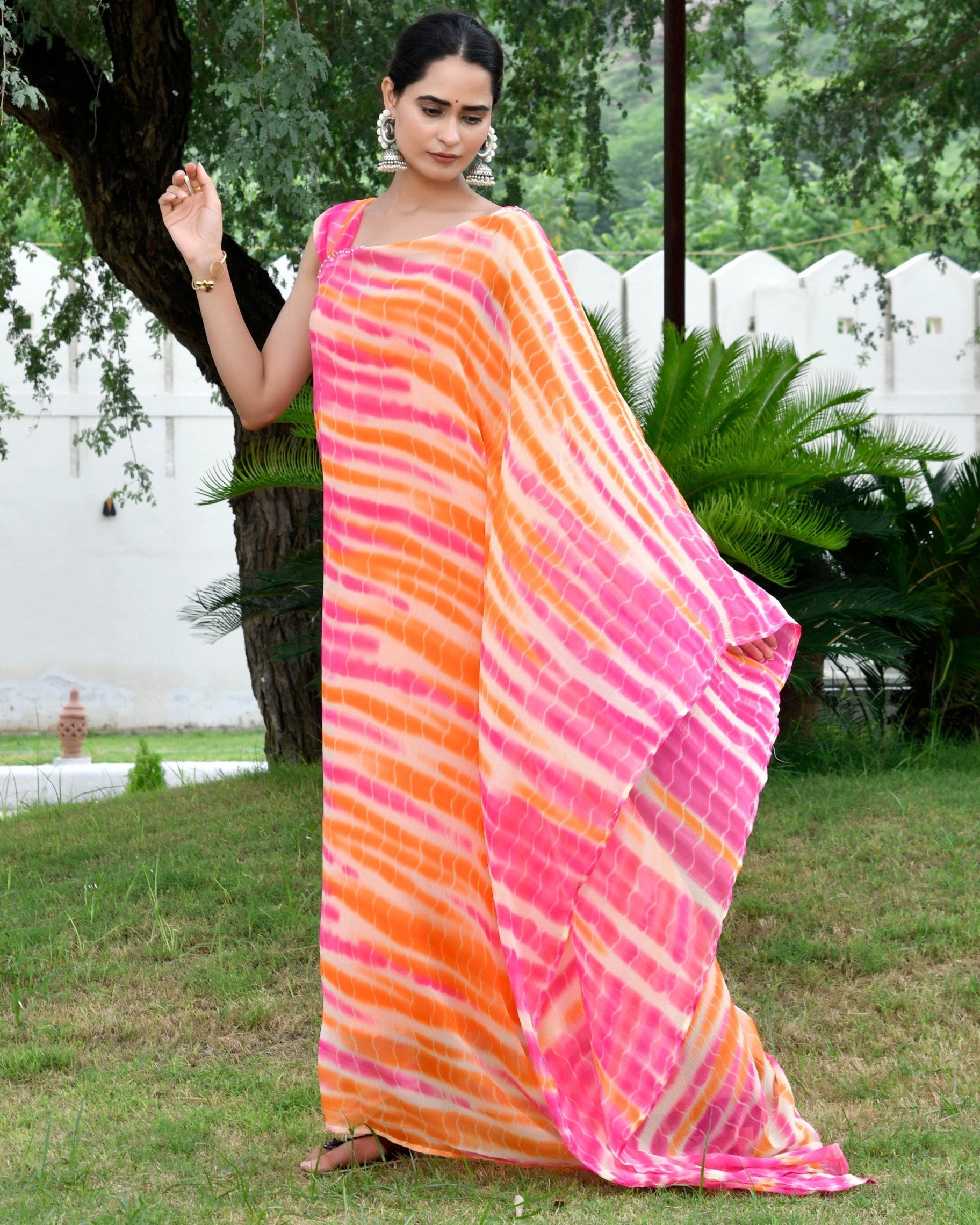 Striped Orange Shibori Kaftan Dress