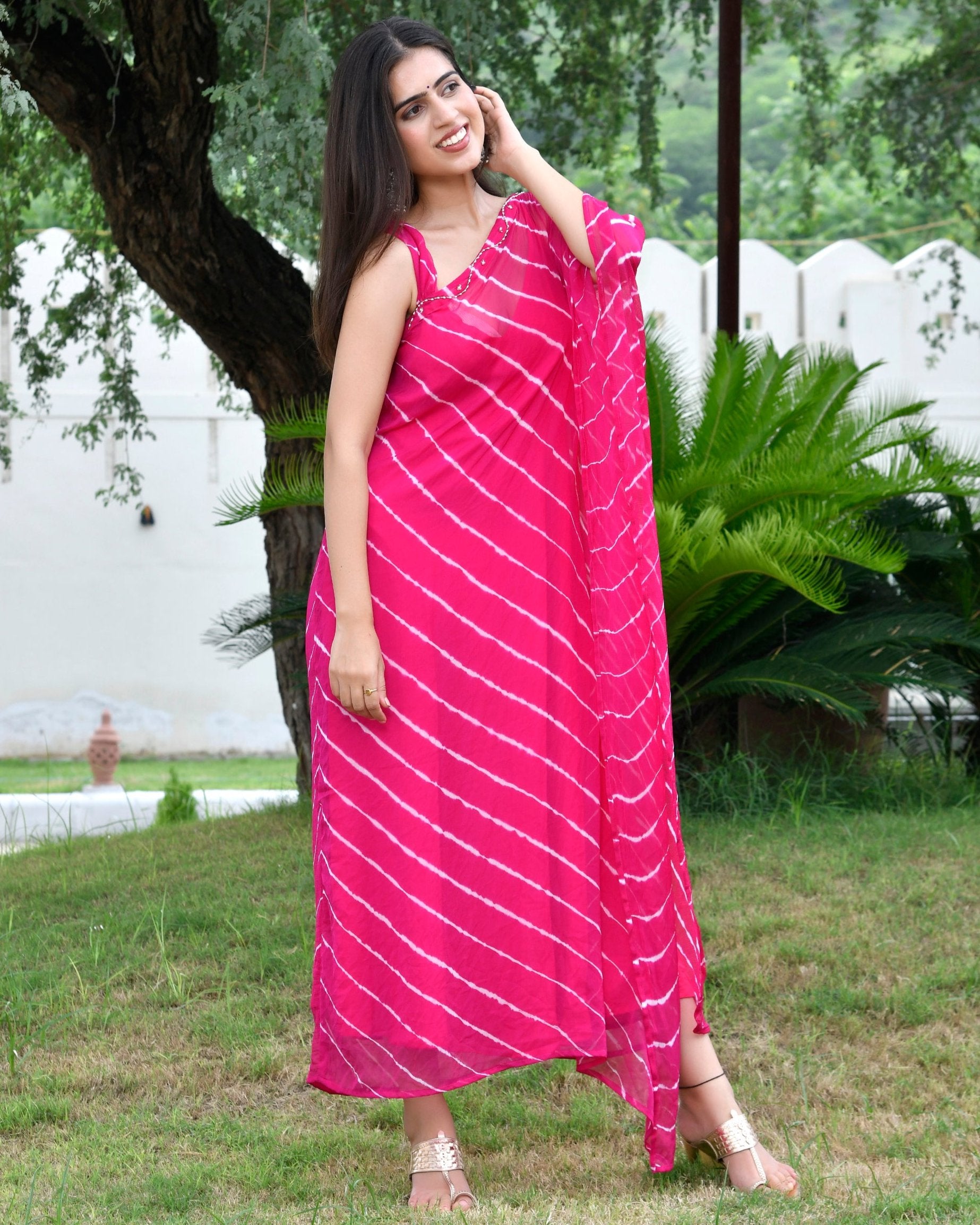 Pink Leheriya Kaftan Dress