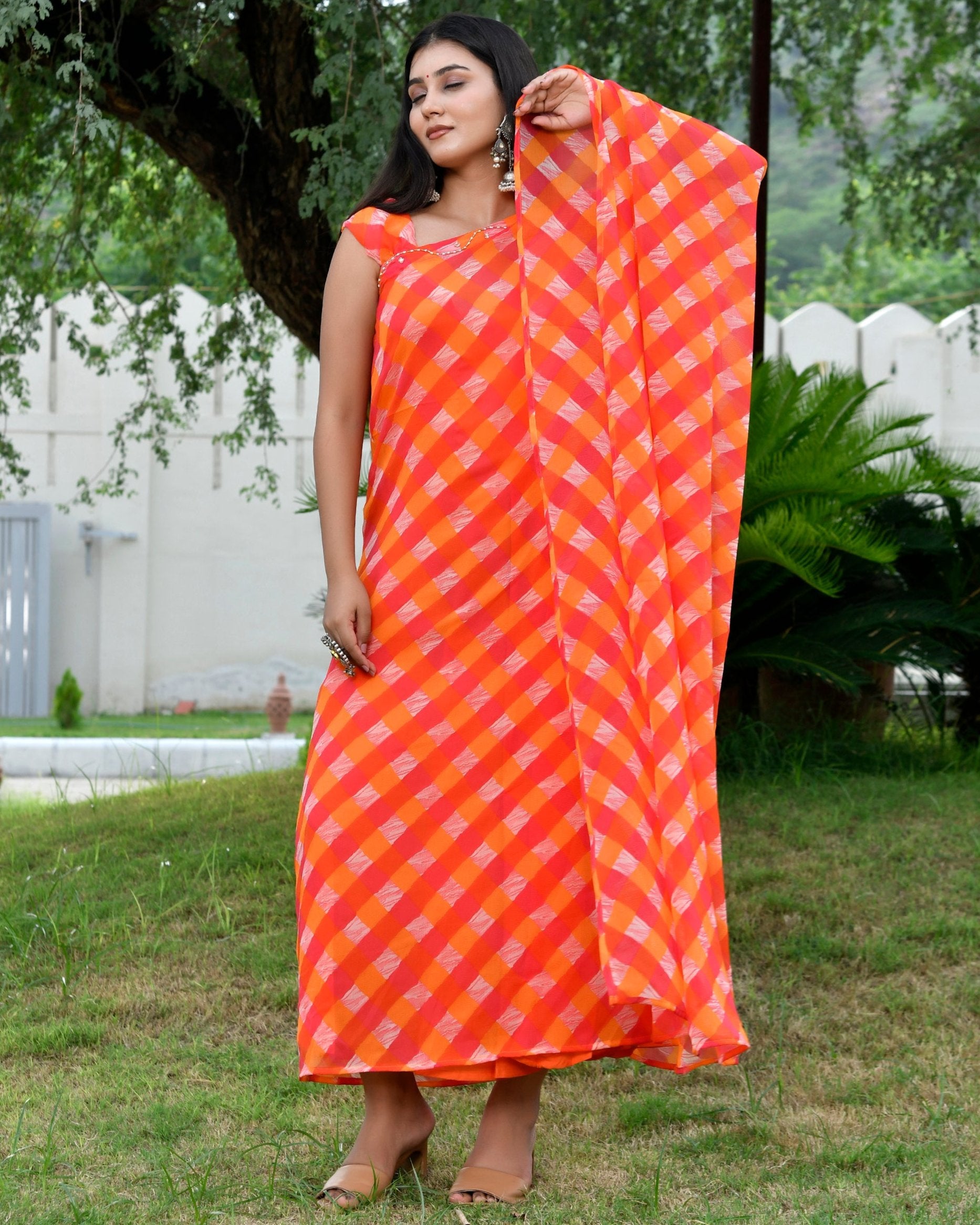 Flowy Orange Leheriya Kafatn Dress