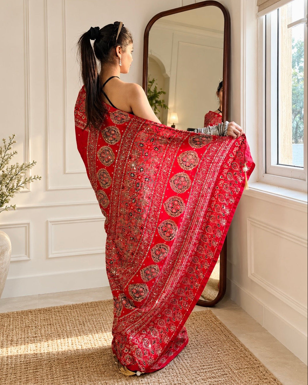 Ruhani Red Ajrakh Modal satin Handwork Saree