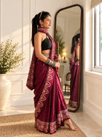 Ruhani Burgundy Ajrakh Modal satin Handwork Saree