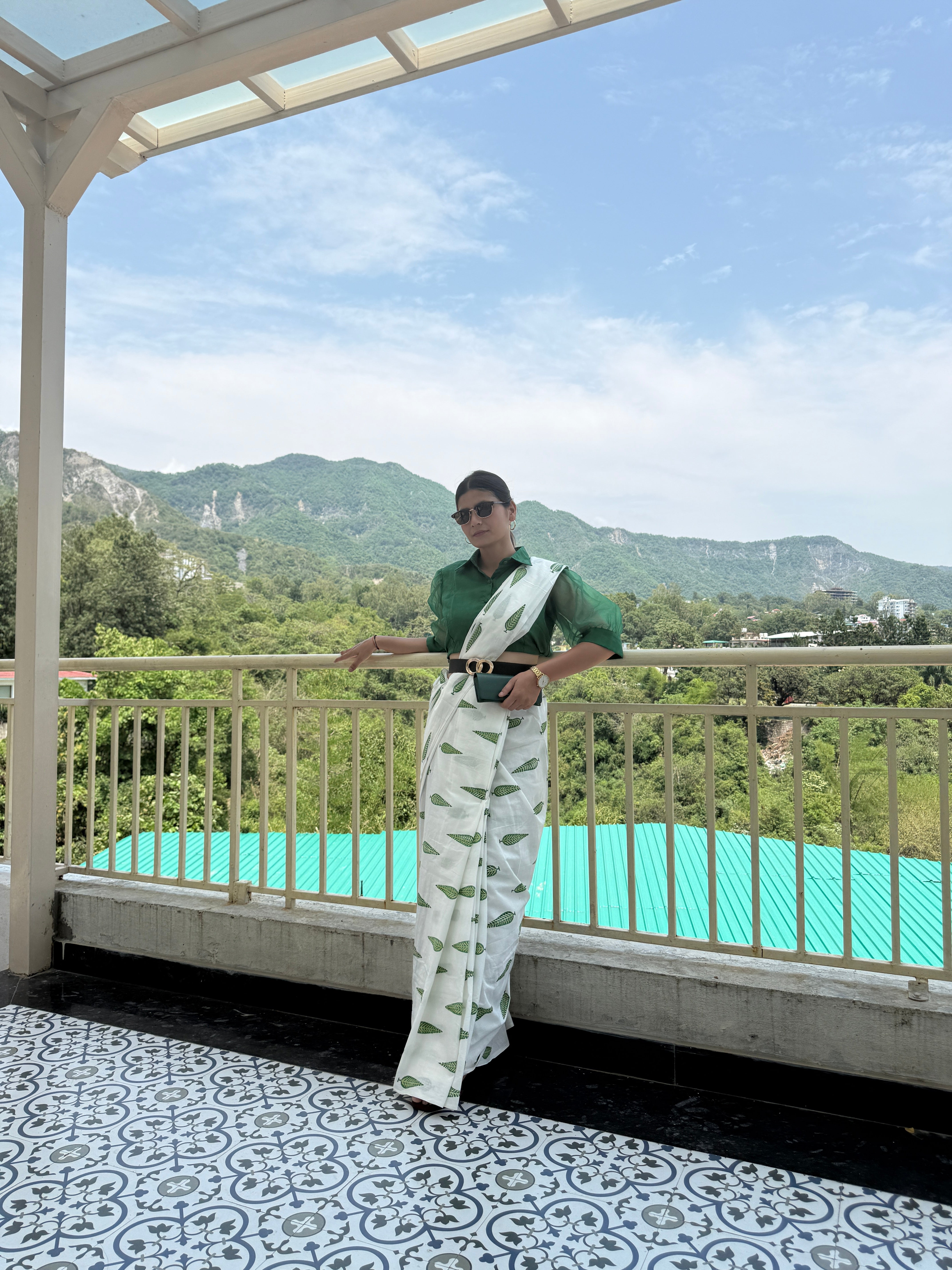 Botanical Leaf Print Pure Cotton Saree