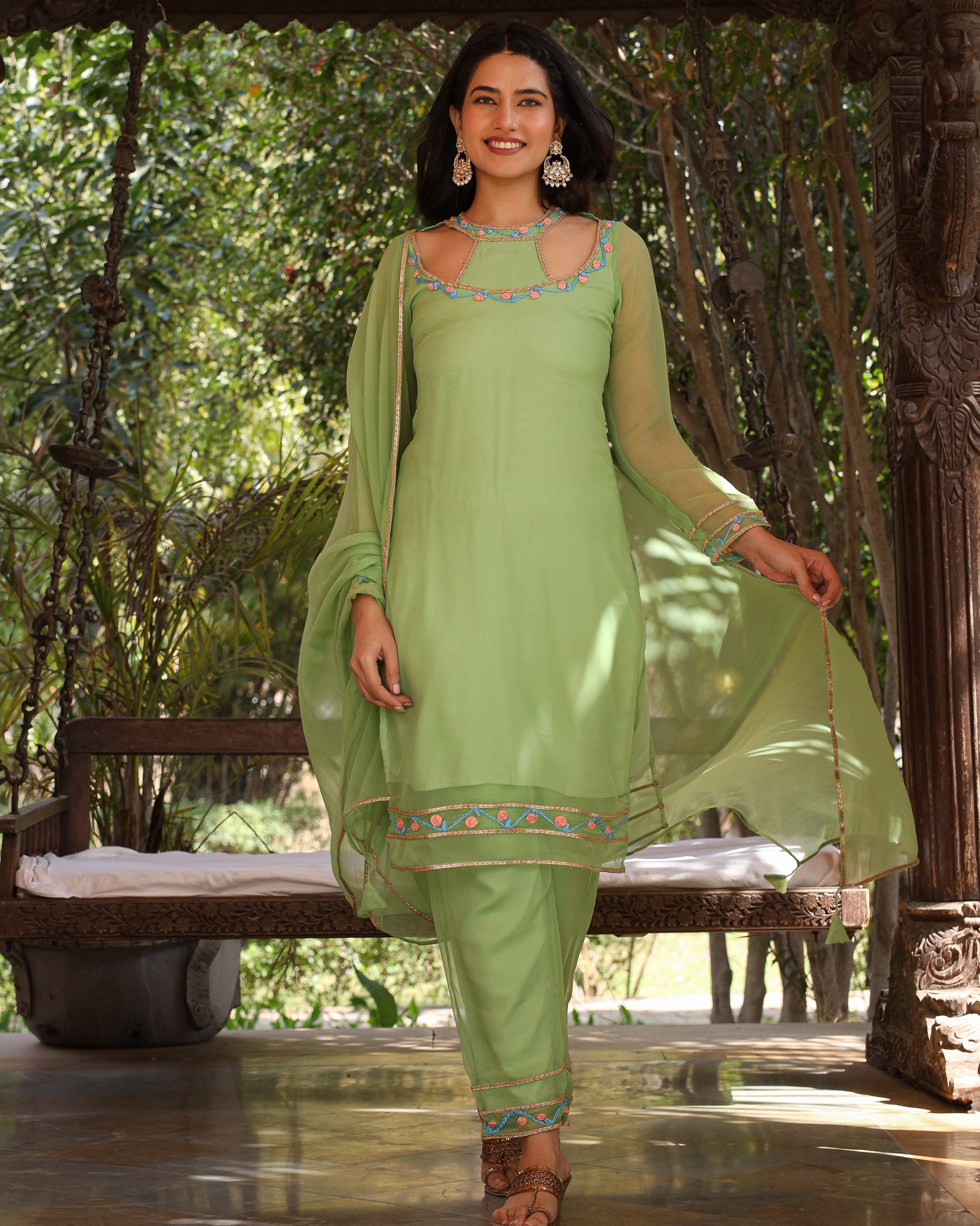 Saryu Green Embroidered Suit Set