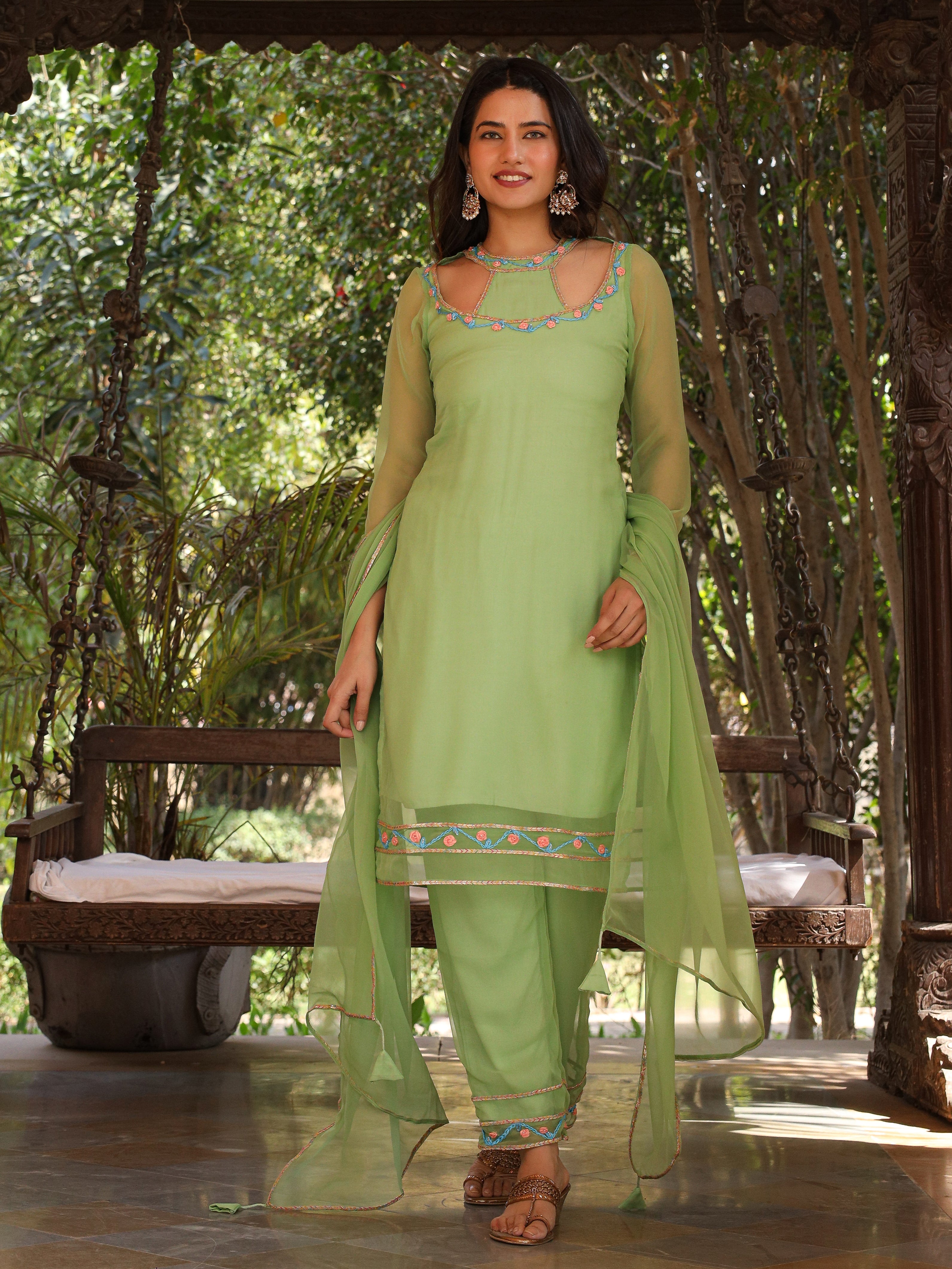 Saryu Green Embroidered Suit Set