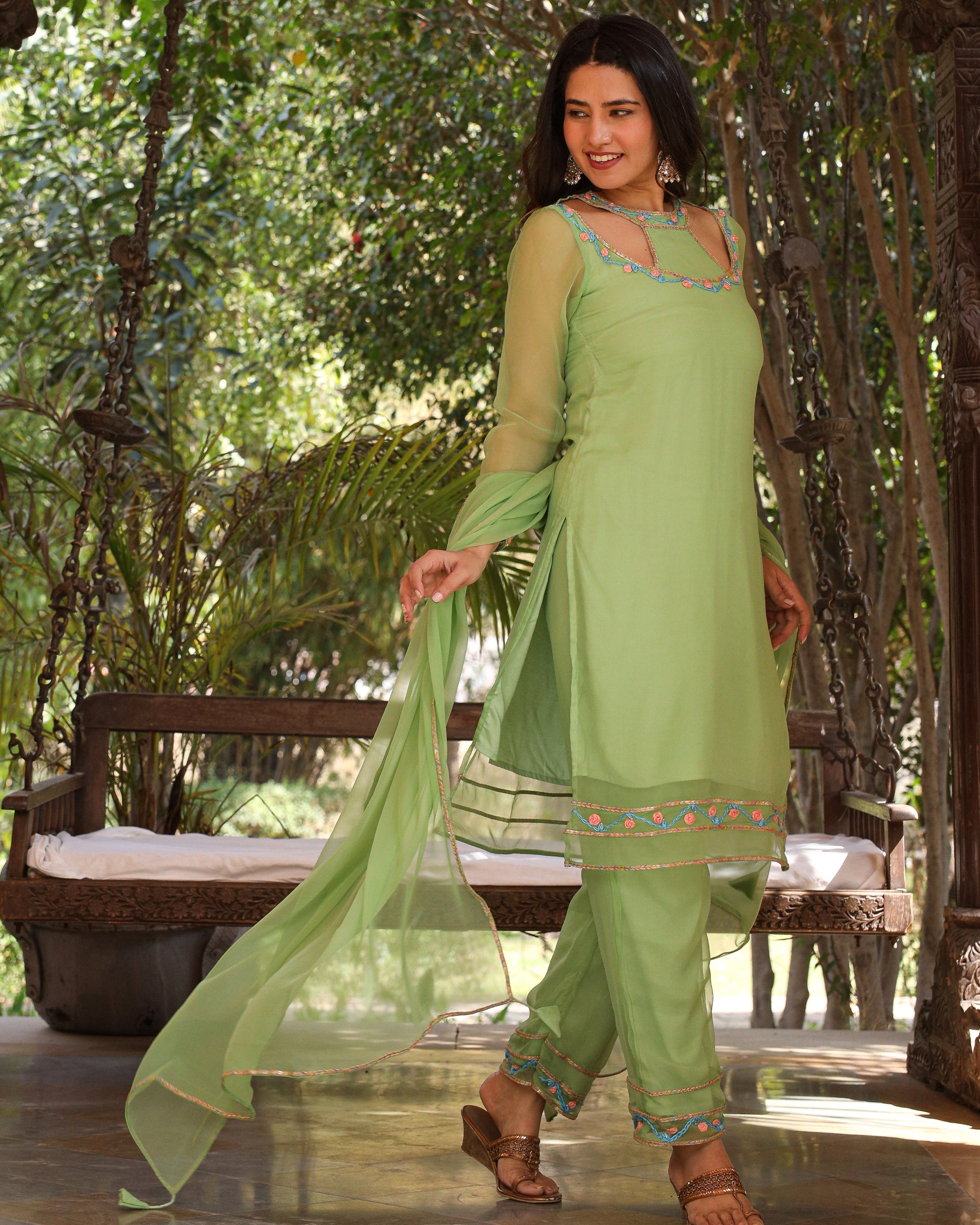 Saryu Green Embroidered Suit Set