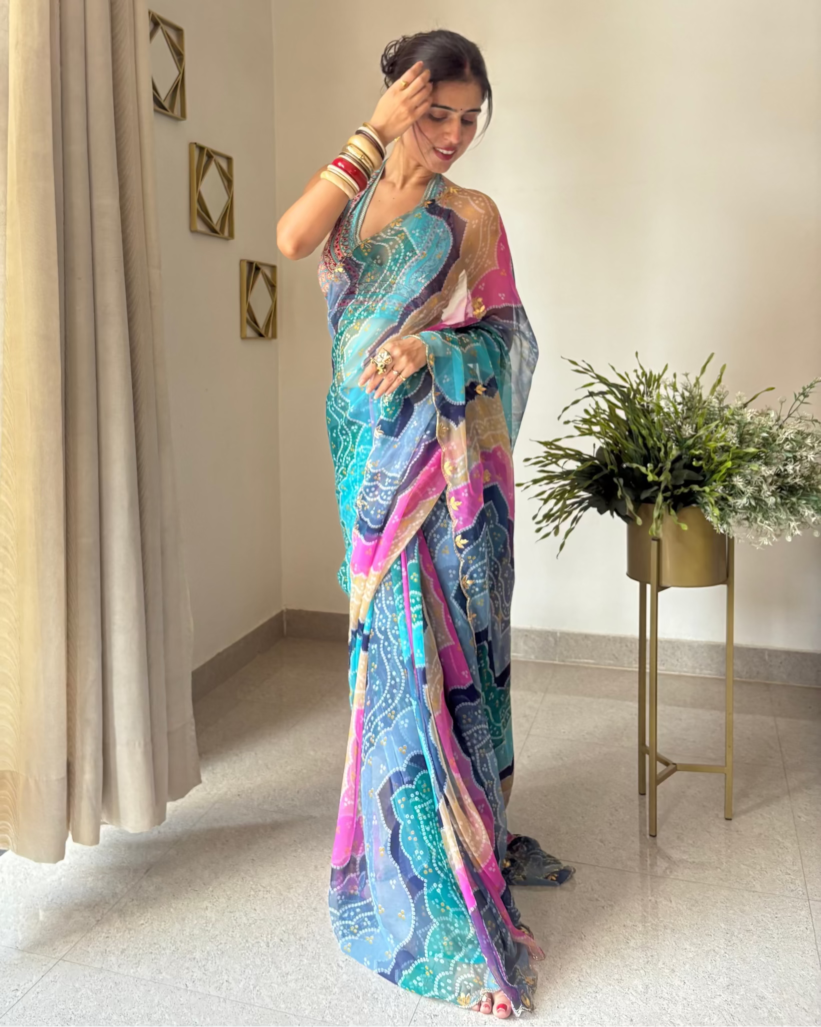 Naina Blue Bandhej Draped Saree