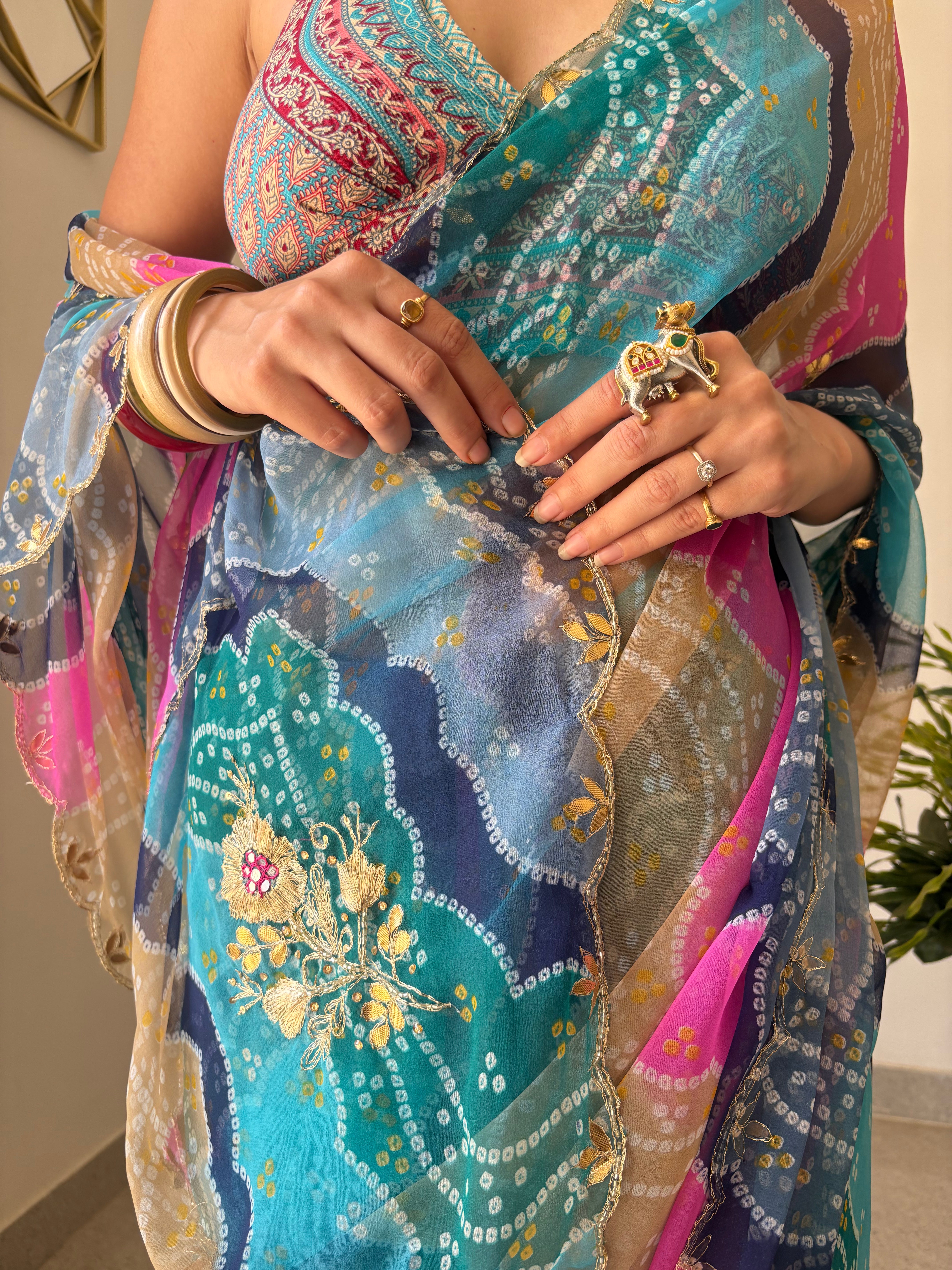 Naina Blue Bandhej Draped Saree