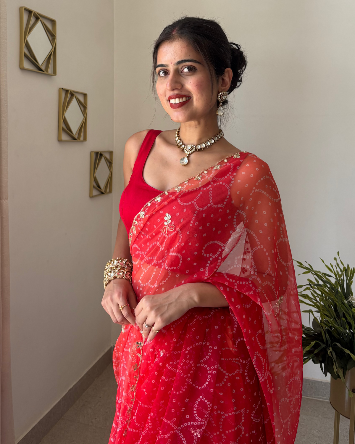 Riva Red Bandhej Saree