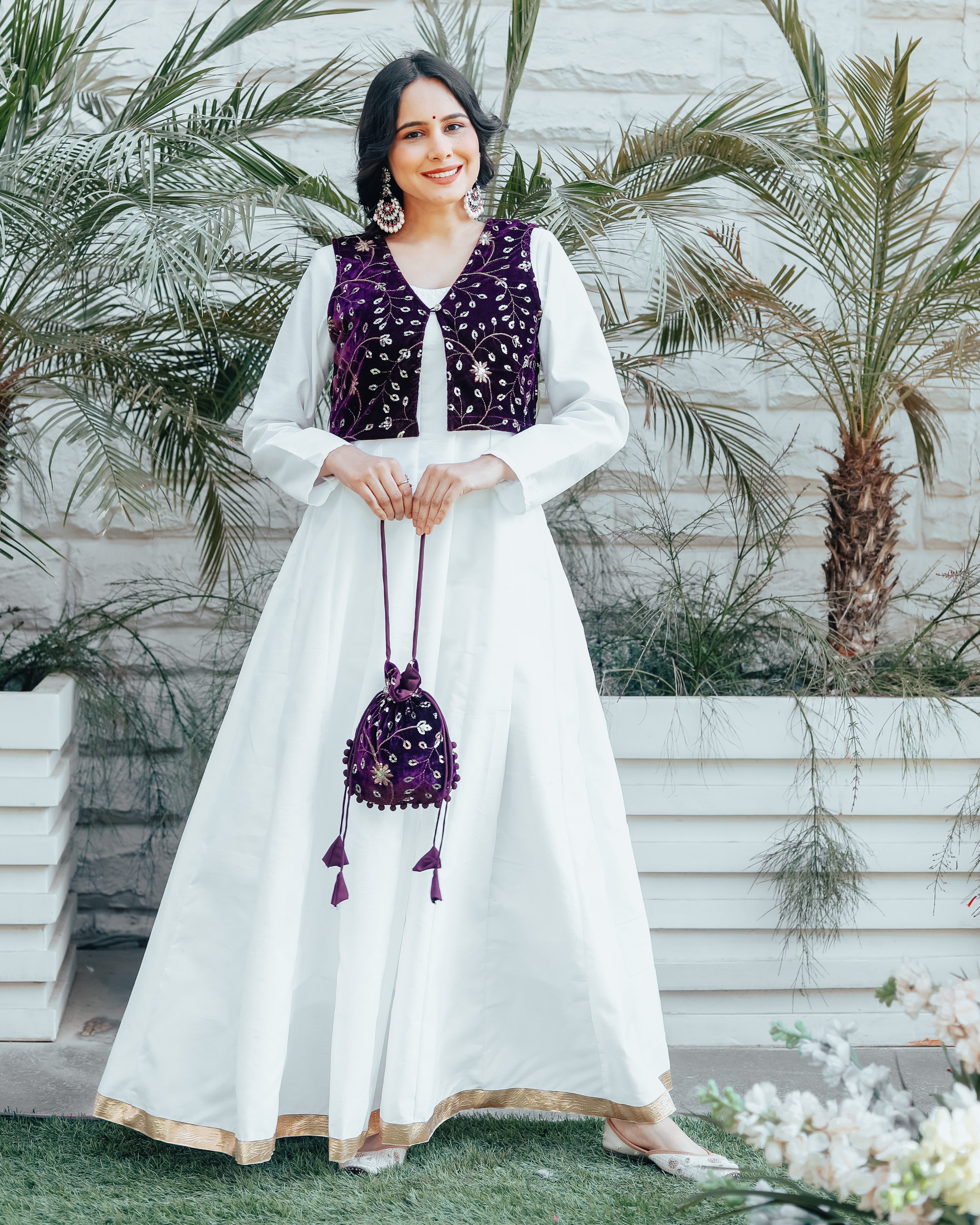 Heily White Purple Gown With Potli