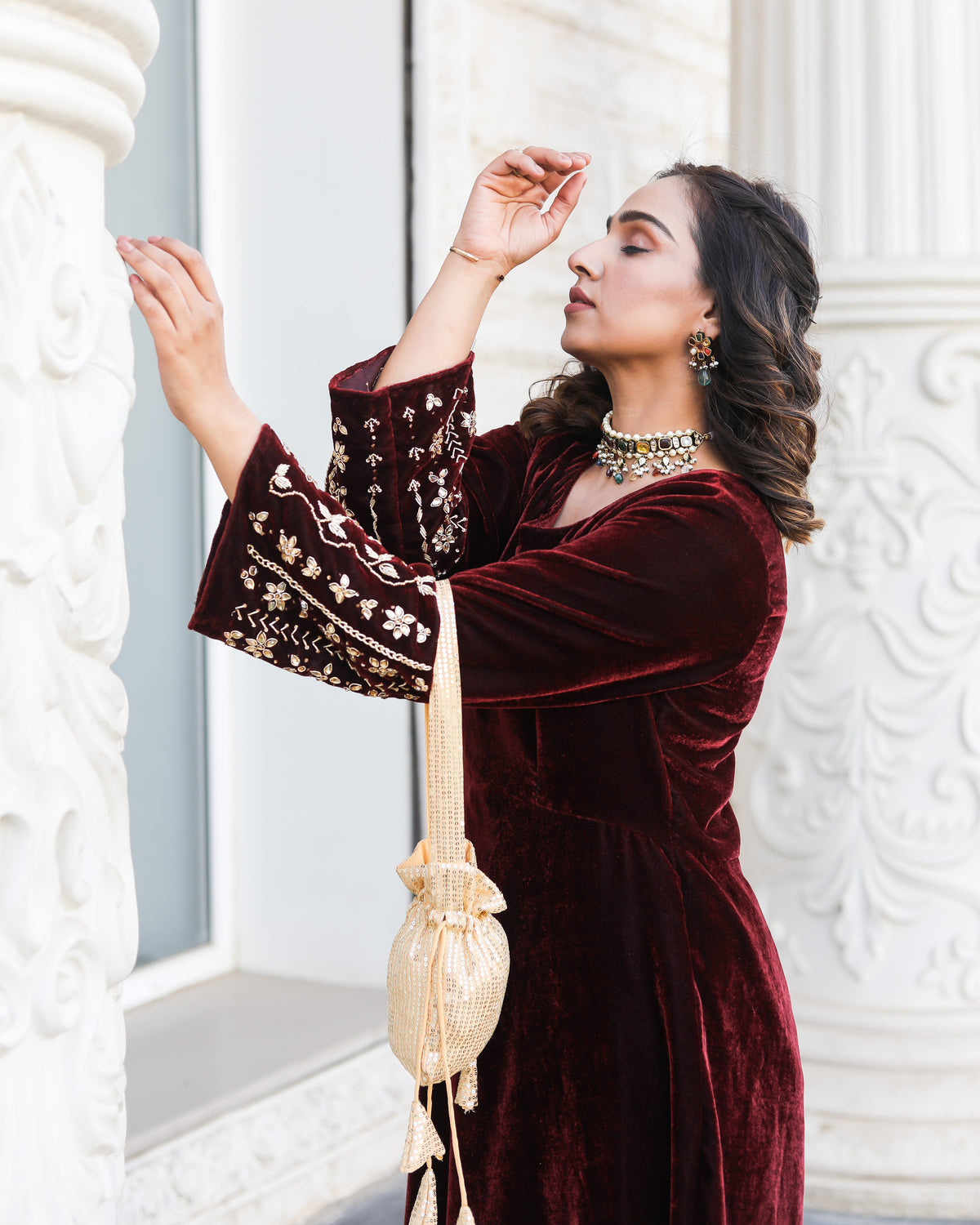 Noor Jahan Maroon Embroidered Kurta Set