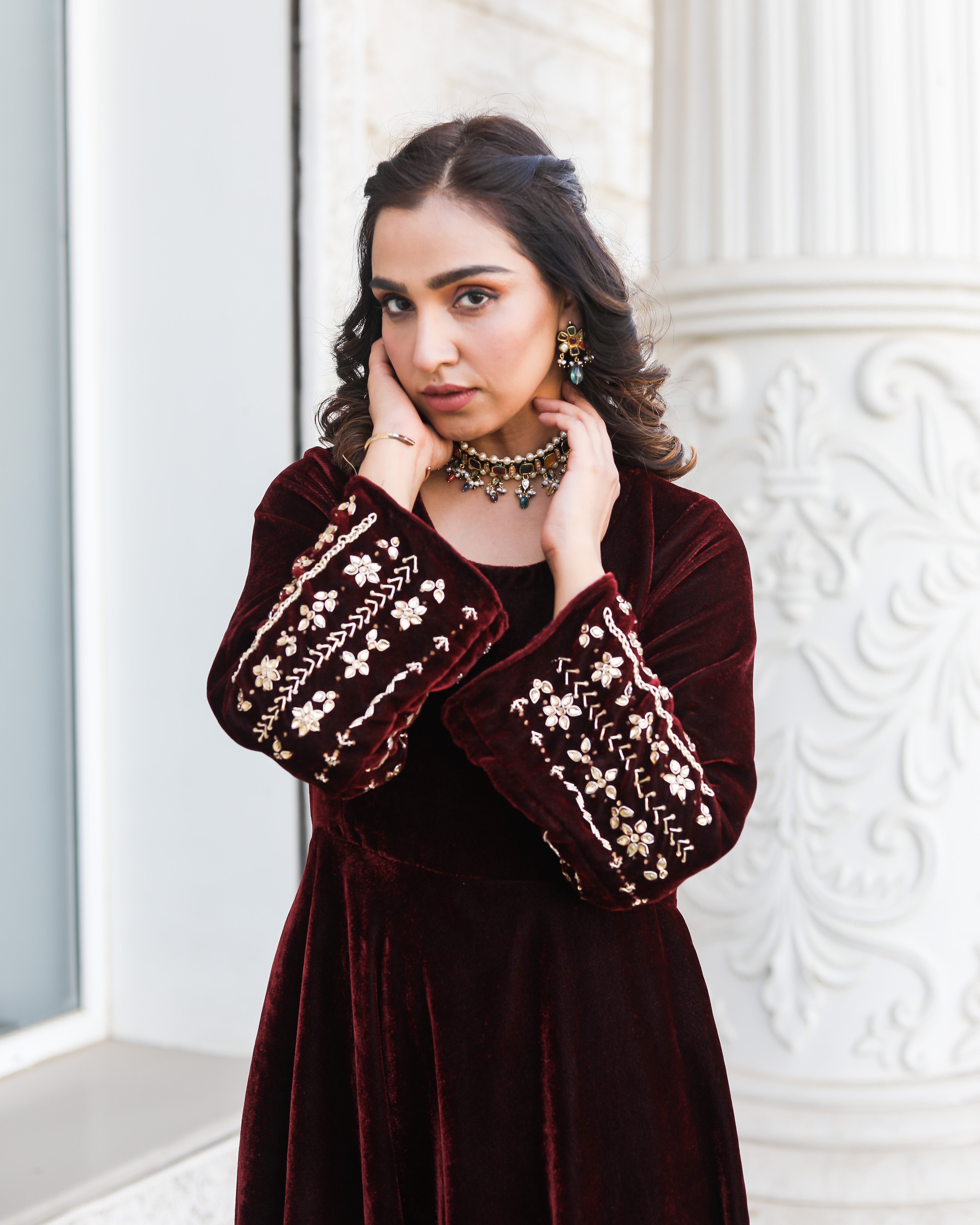 Noor Jahan Maroon Embroidered Kurta Set