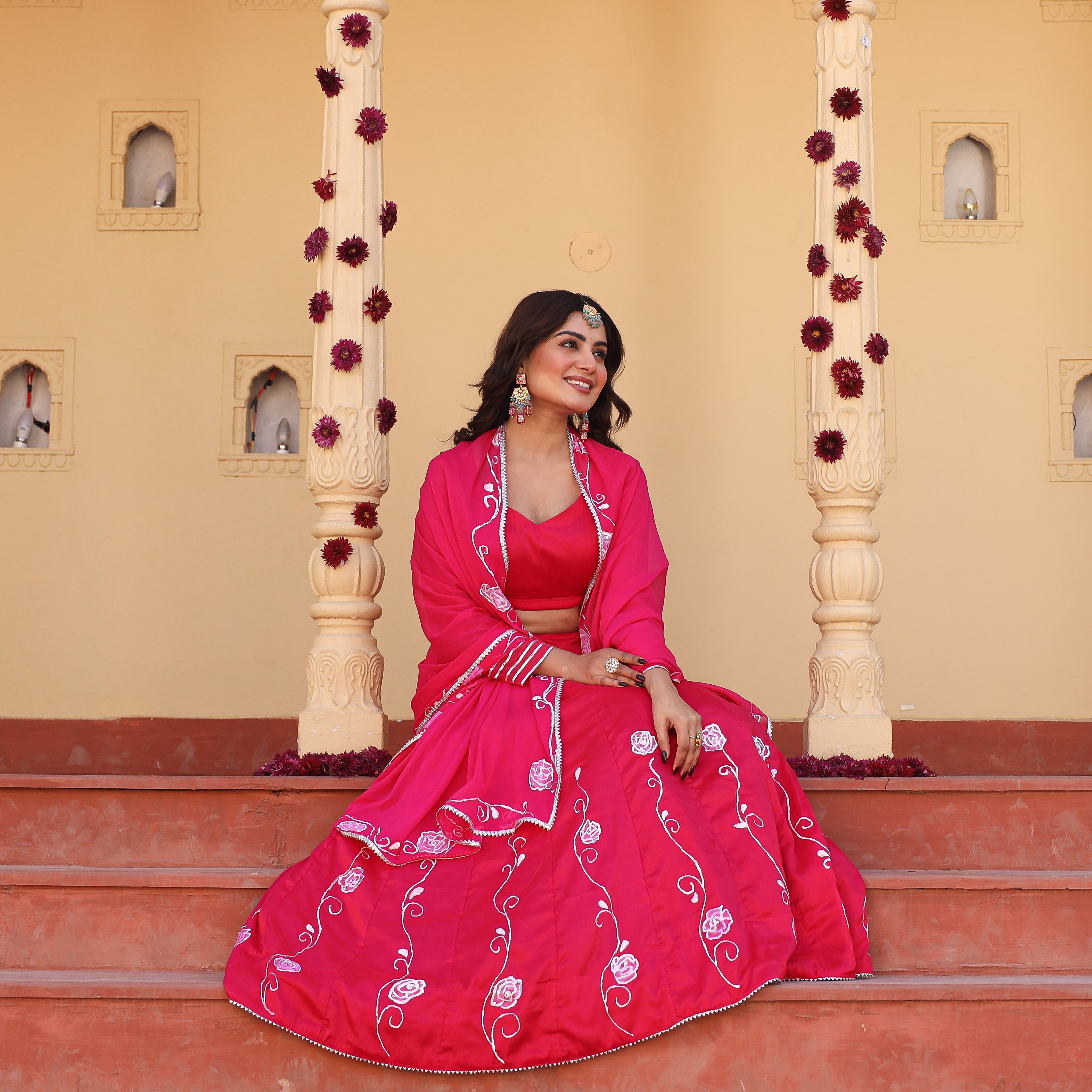 Rose Handpainted rani pink lehenga set