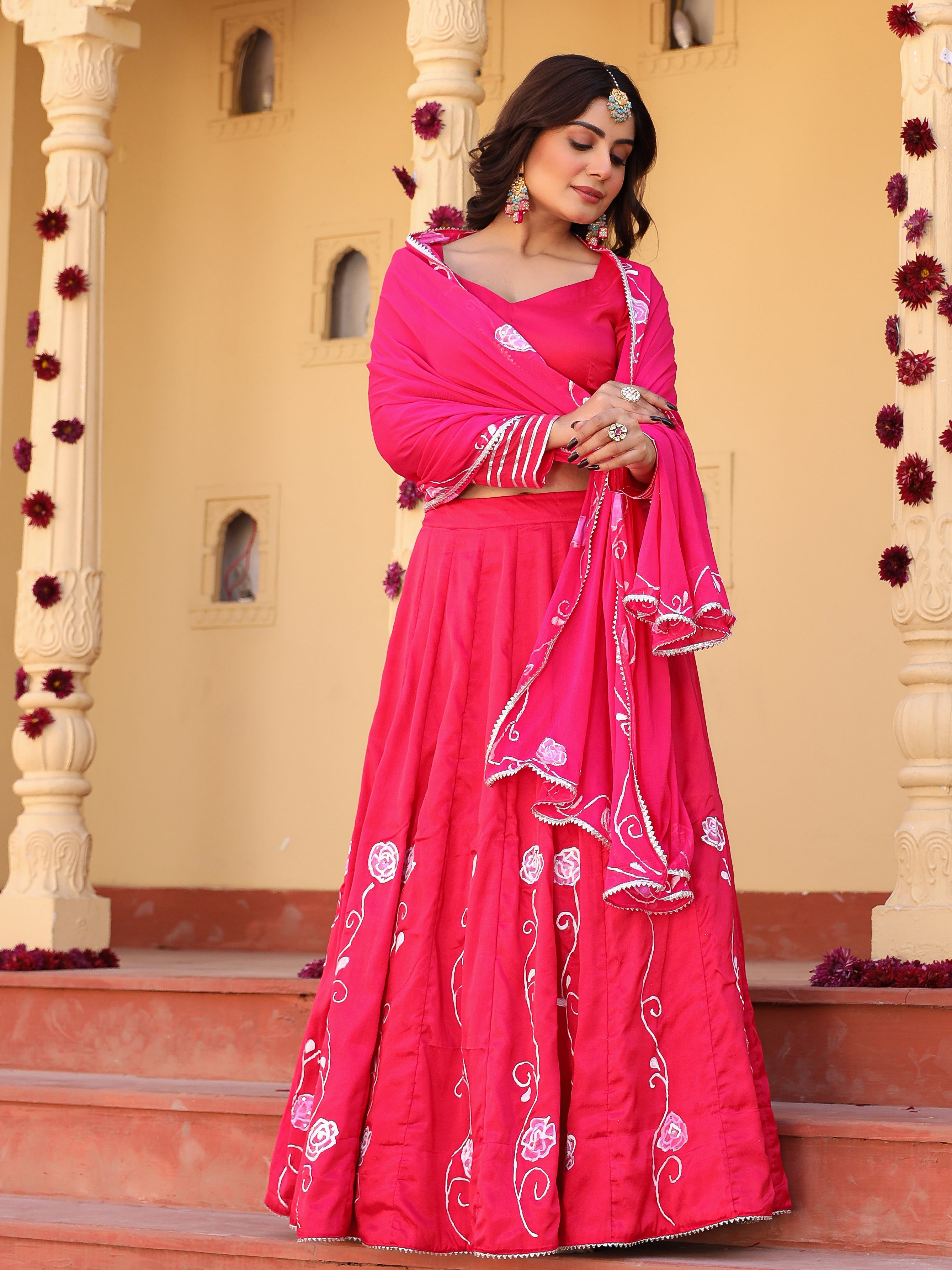 Rose Handpainted rani pink lehenga set