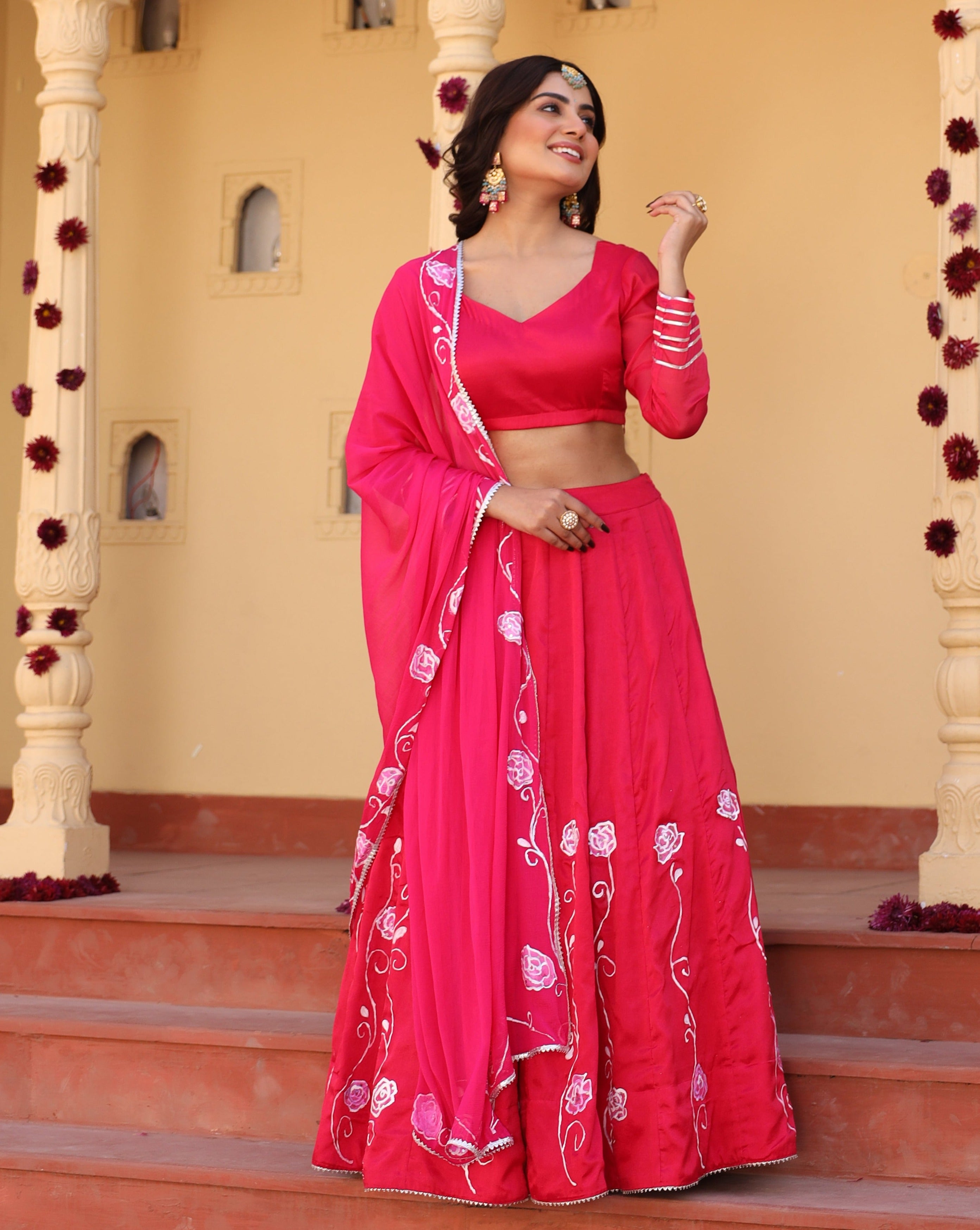 Rose Handpainted rani pink lehenga set