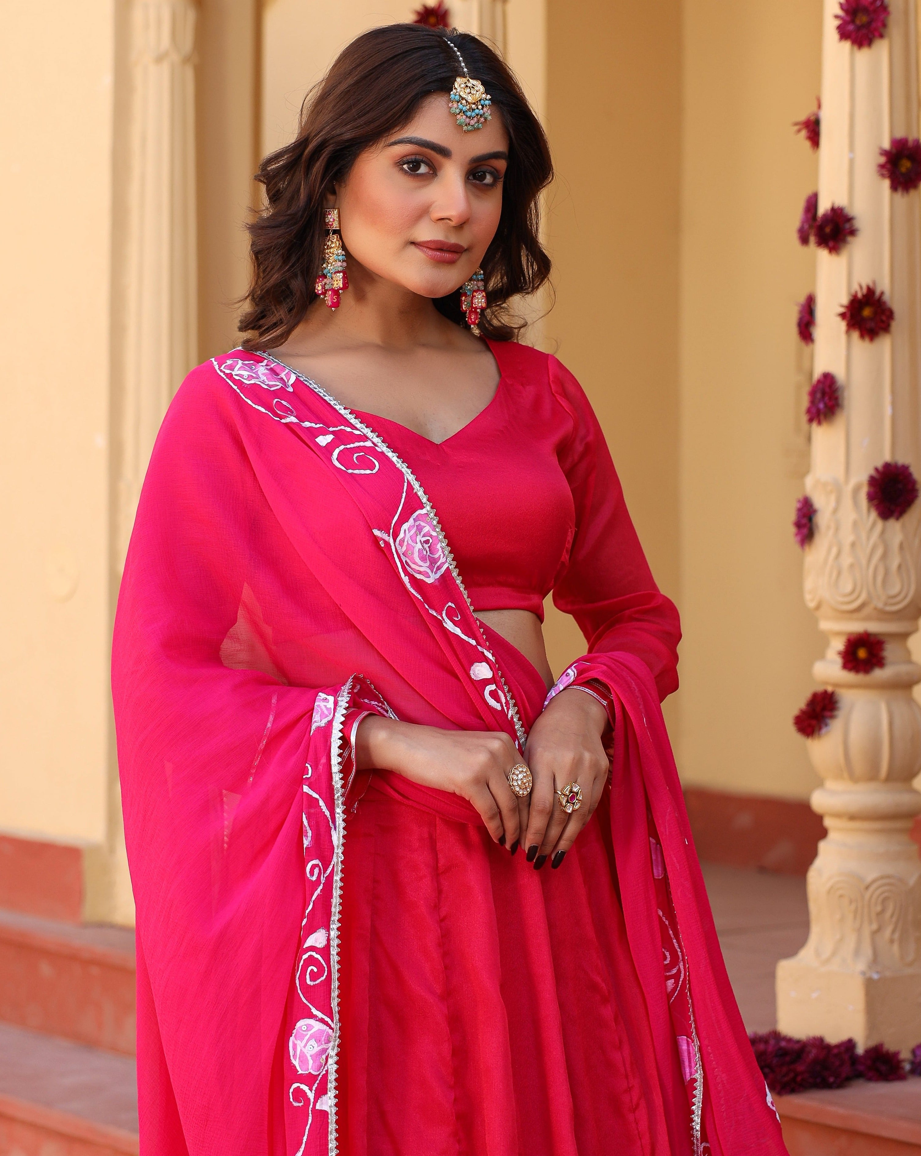 Rose Handpainted rani pink lehenga set