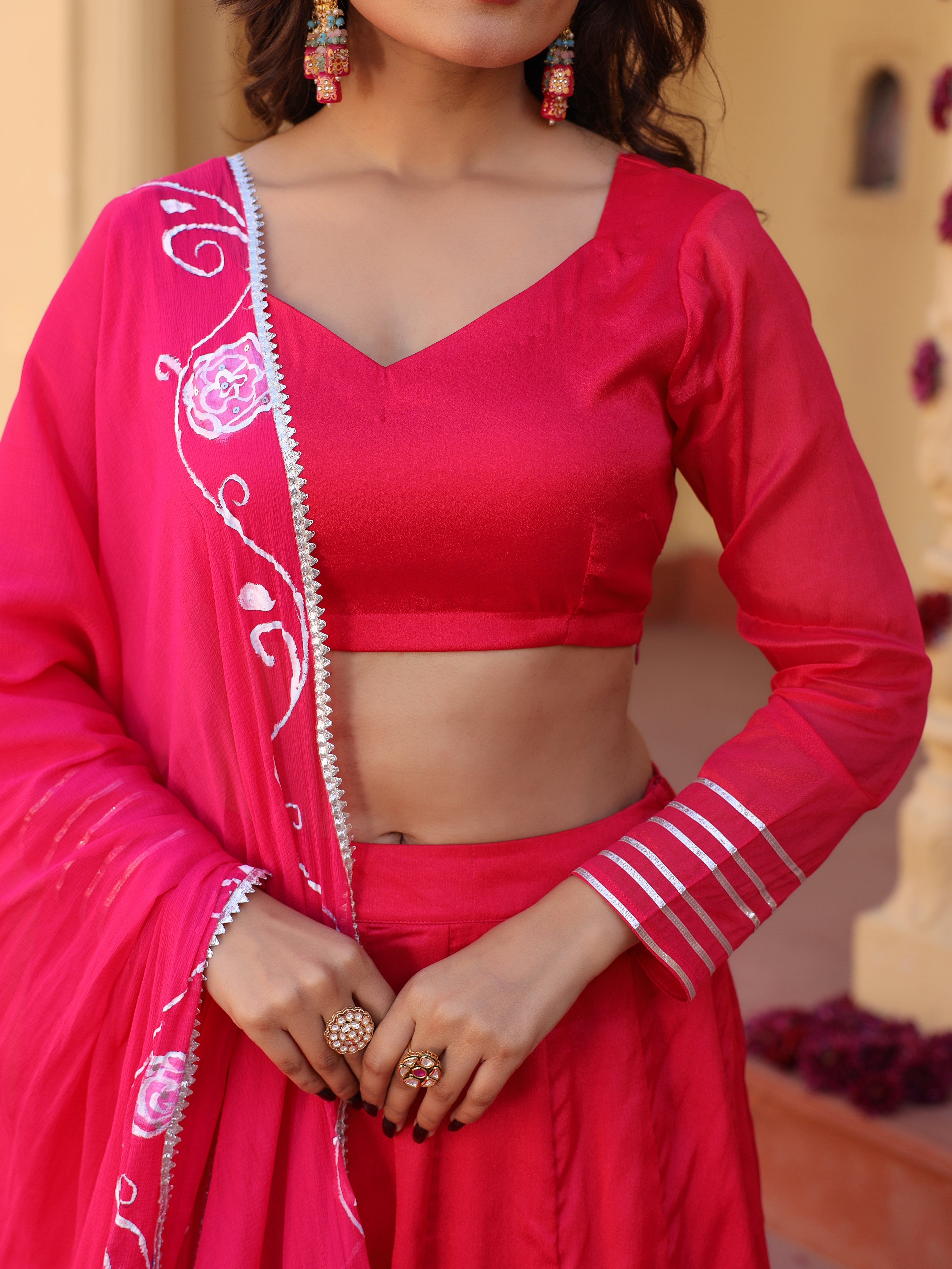 Rose Handpainted rani pink lehenga set