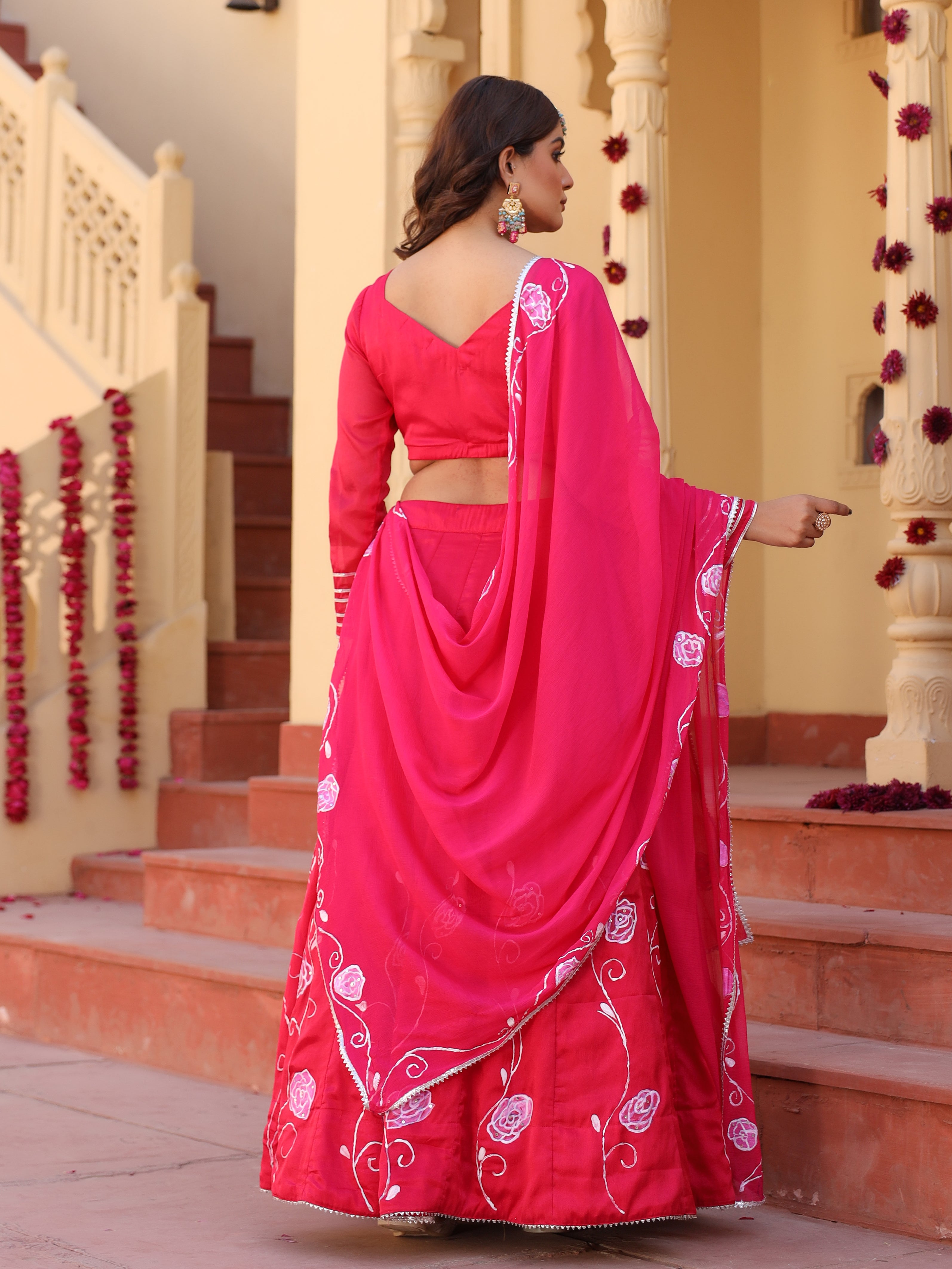 Rose Handpainted rani pink lehenga set