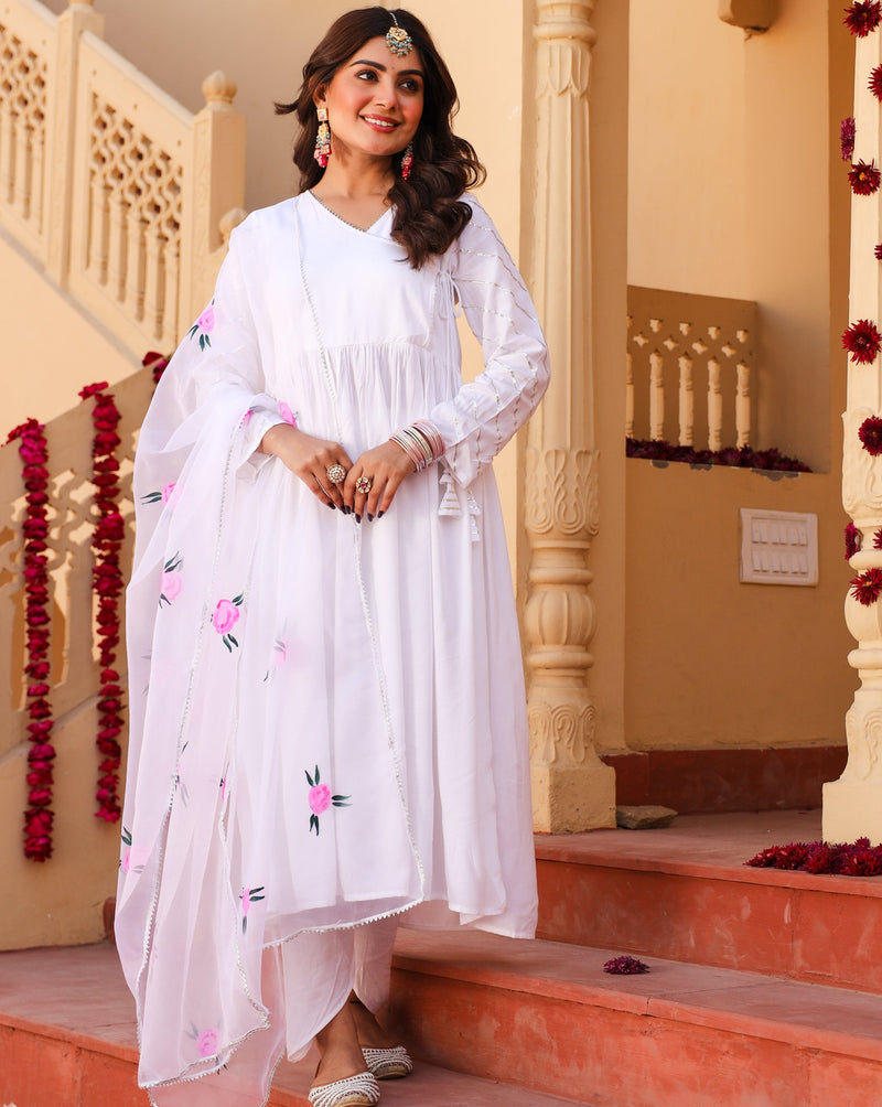 White Angrakha With Hand painted Dupatta