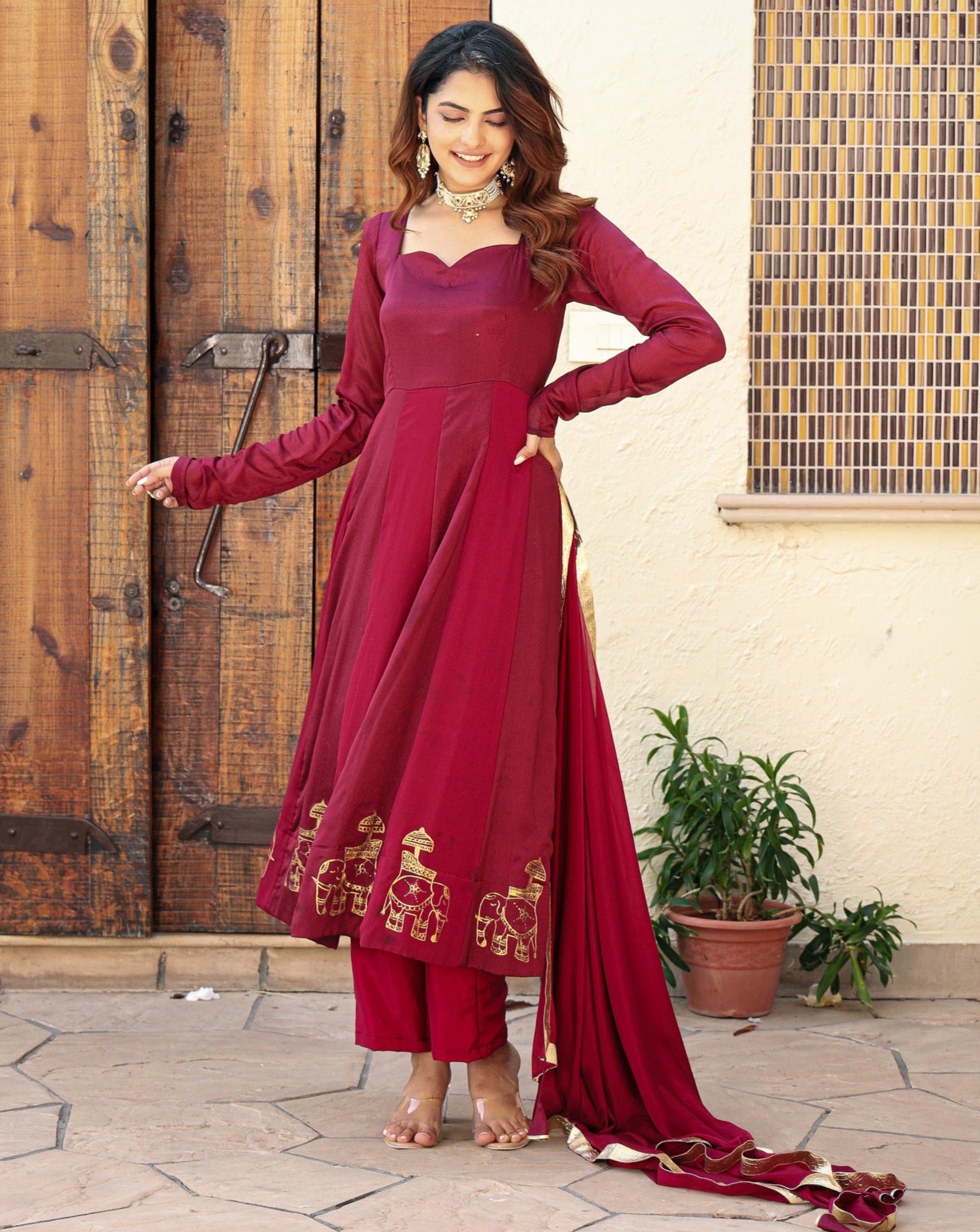 Kiara Handapinted Wine Silk Suit Set