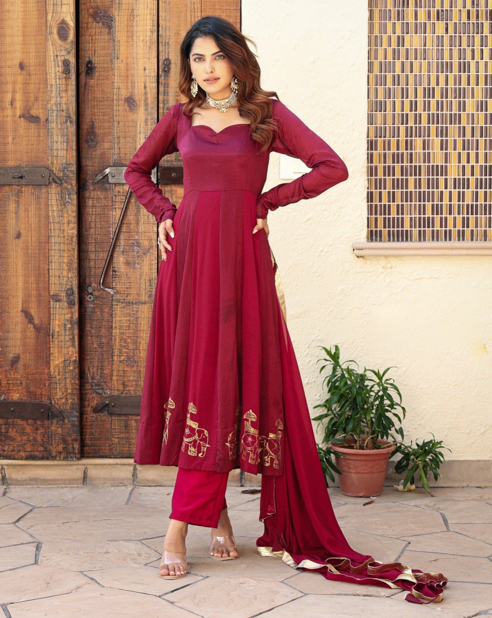 Kiara Handapinted Wine Silk Suit Set