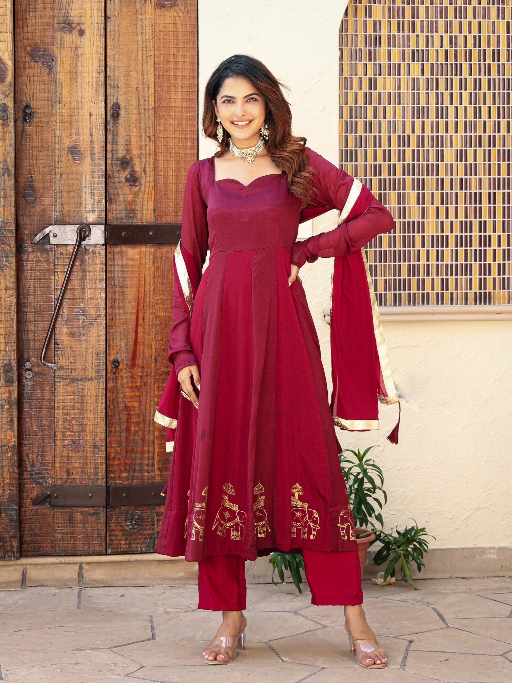 Kiara Handapinted Wine Silk Suit Set