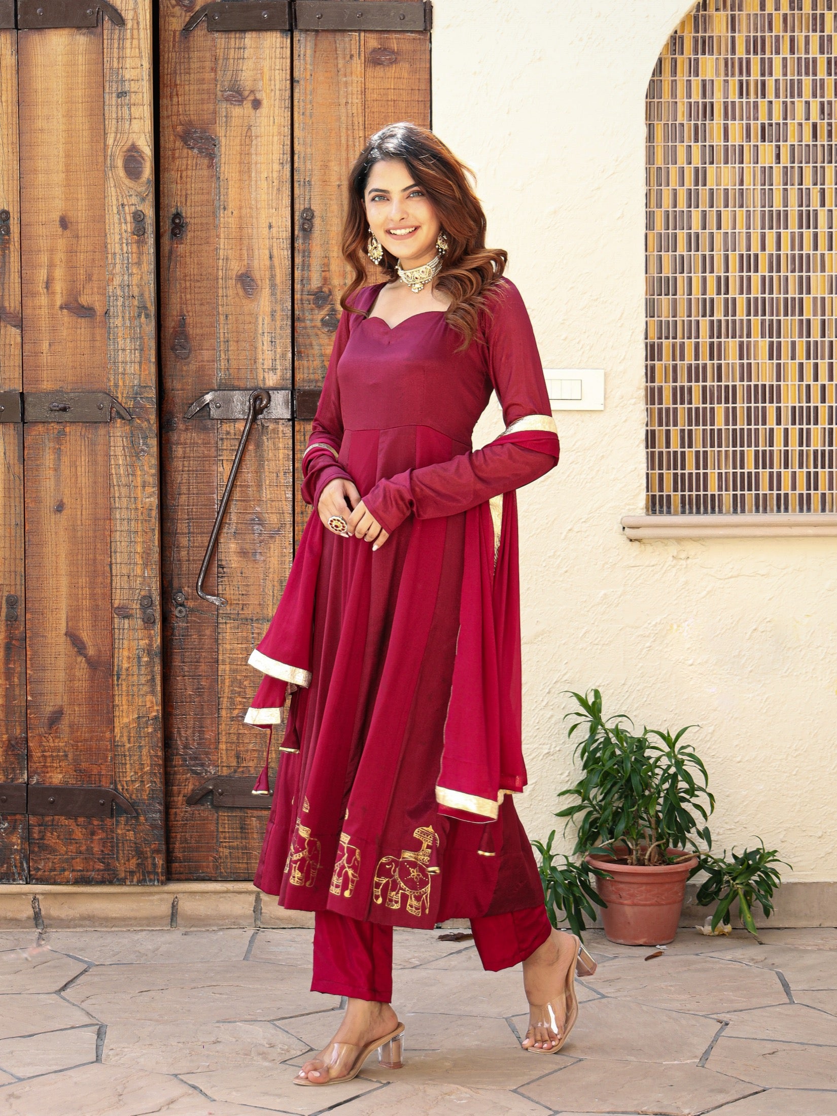 Kiara Handapinted Wine Silk Suit Set