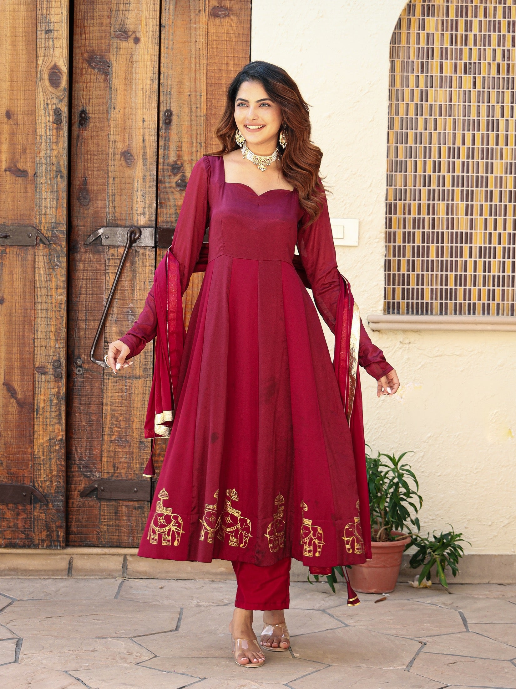 Kiara Handapinted Wine Silk Suit Set