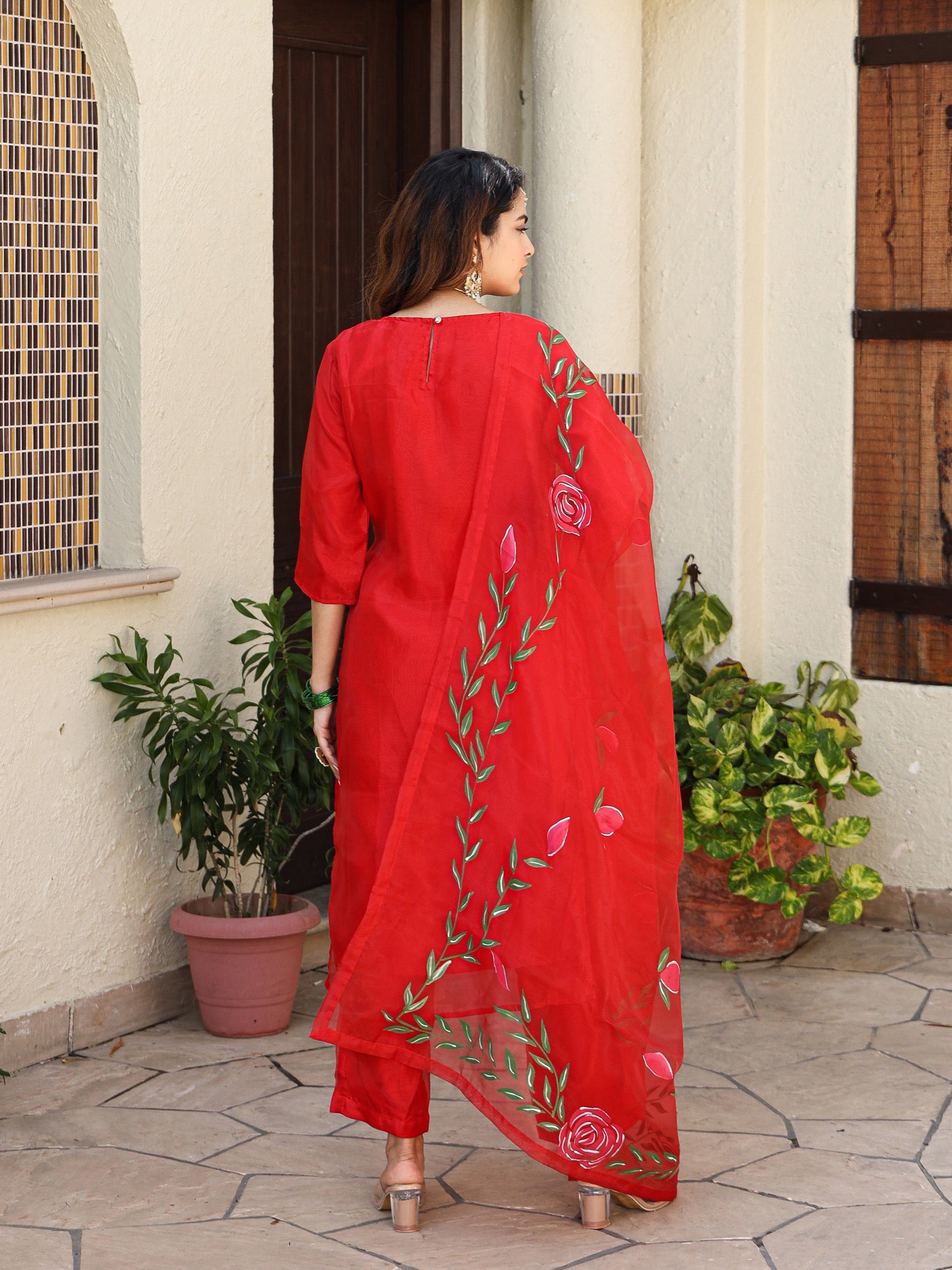 Bhumi Red Handpainted Organza Suit Set