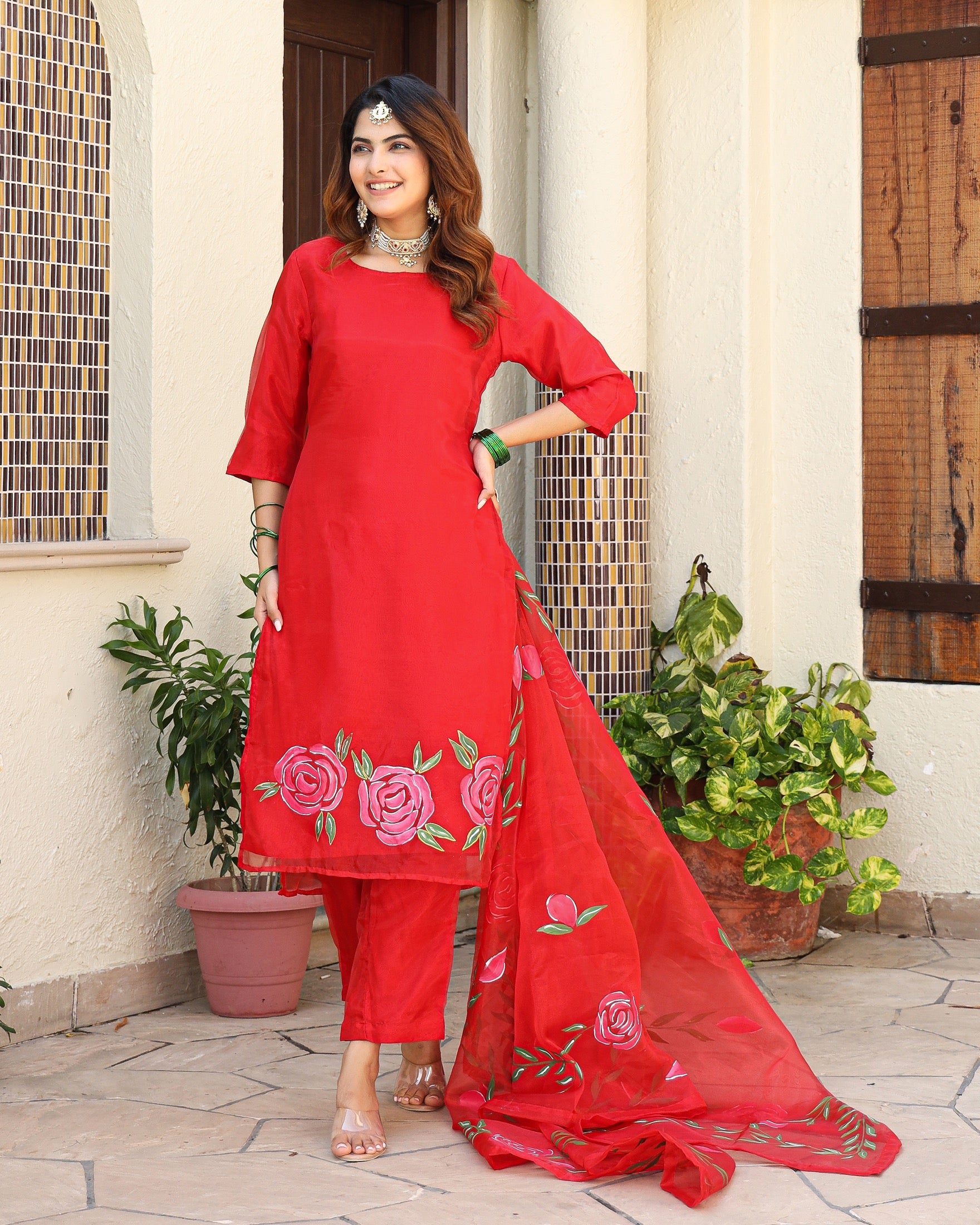 Bhumi Red Handpainted Organza Suit Set