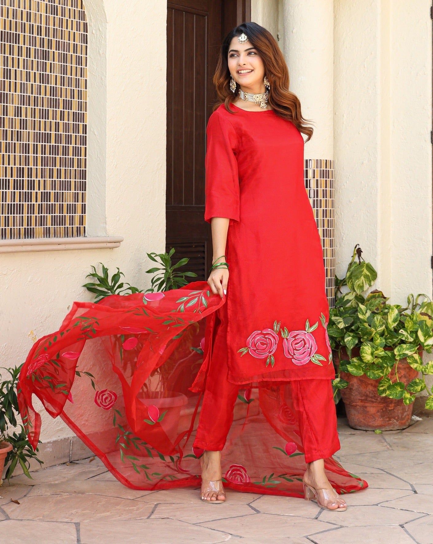 Bhumi Red Handpainted Organza Suit Set