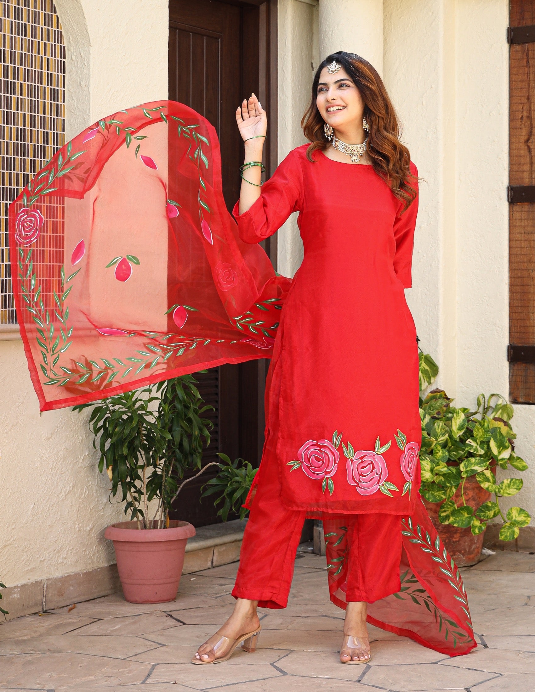 Bhumi Red Handpainted Organza Suit Set