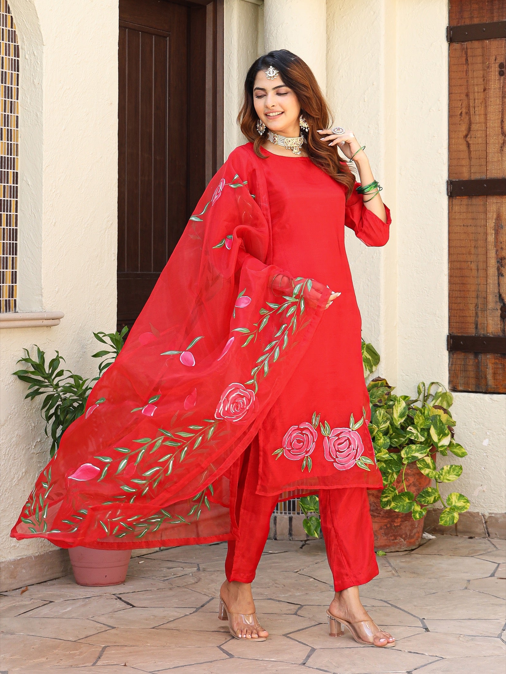 Bhumi Red Handpainted Organza Suit Set