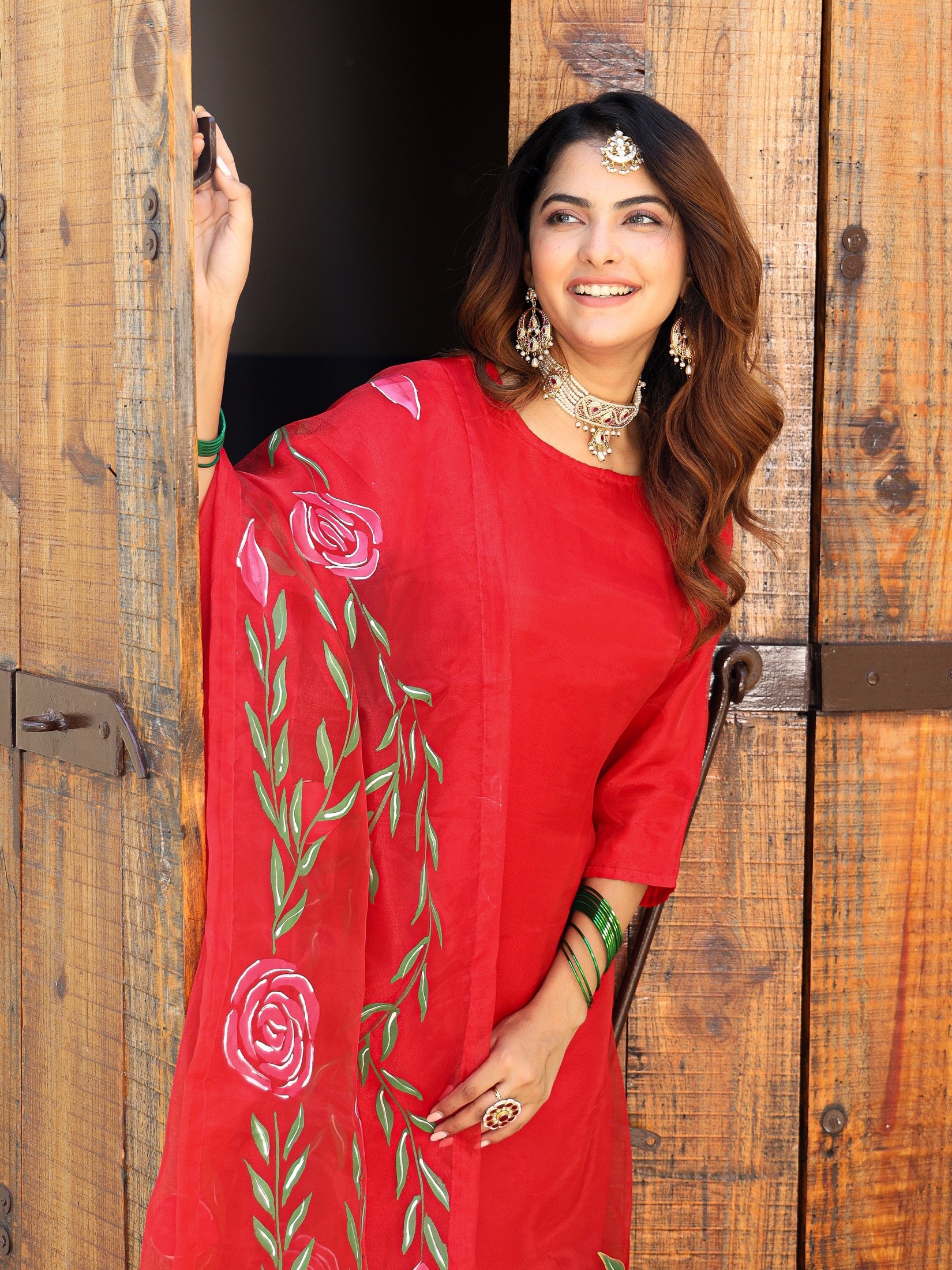 Bhumi Red Handpainted Organza Suit Set