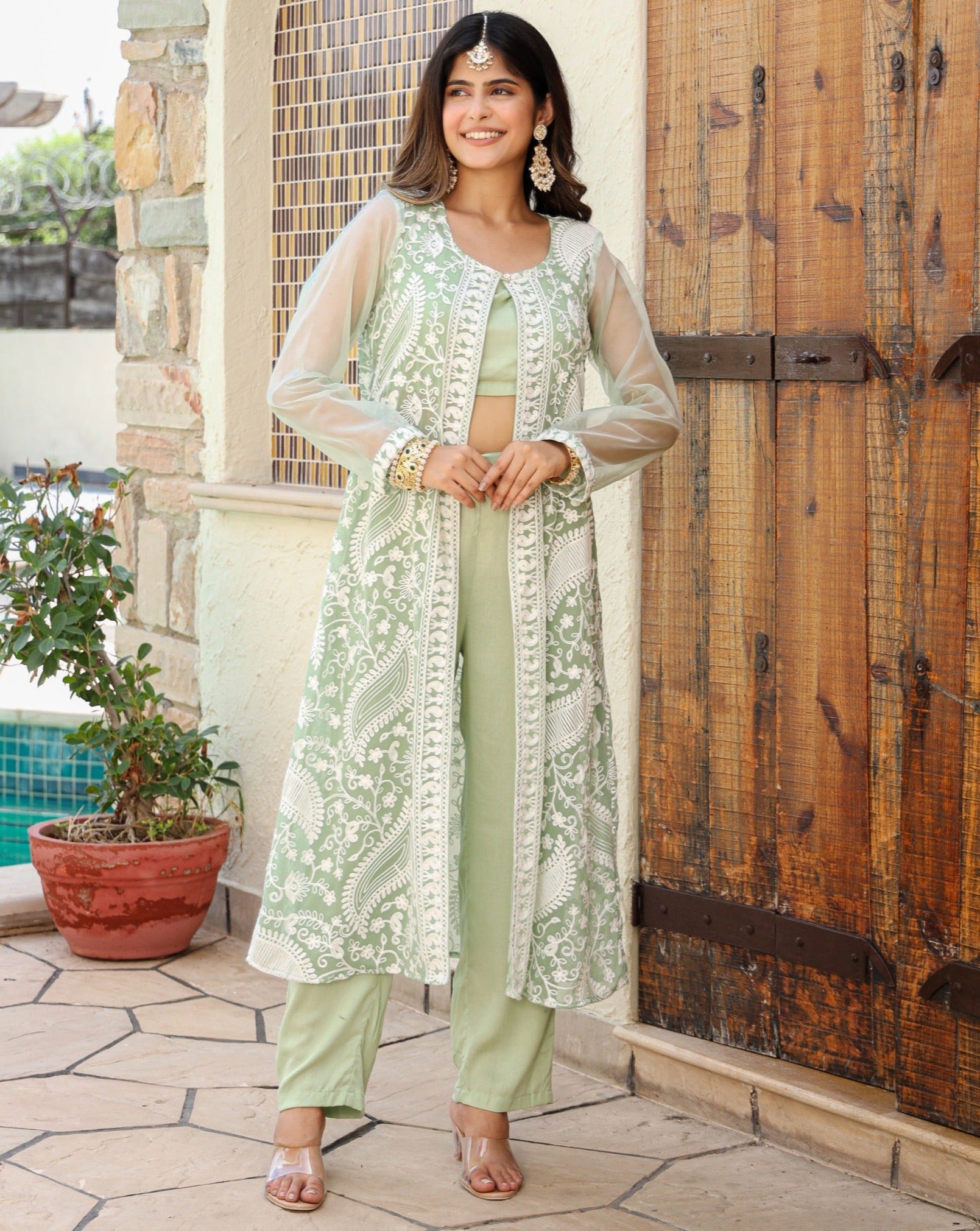 Tulsi Green Chikankari Cape Cord Set