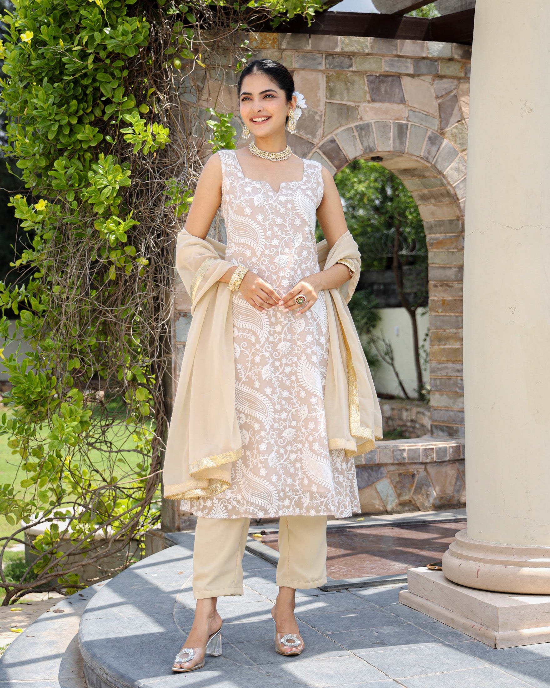 Vaani Beige Silk Chikankari Suit Set