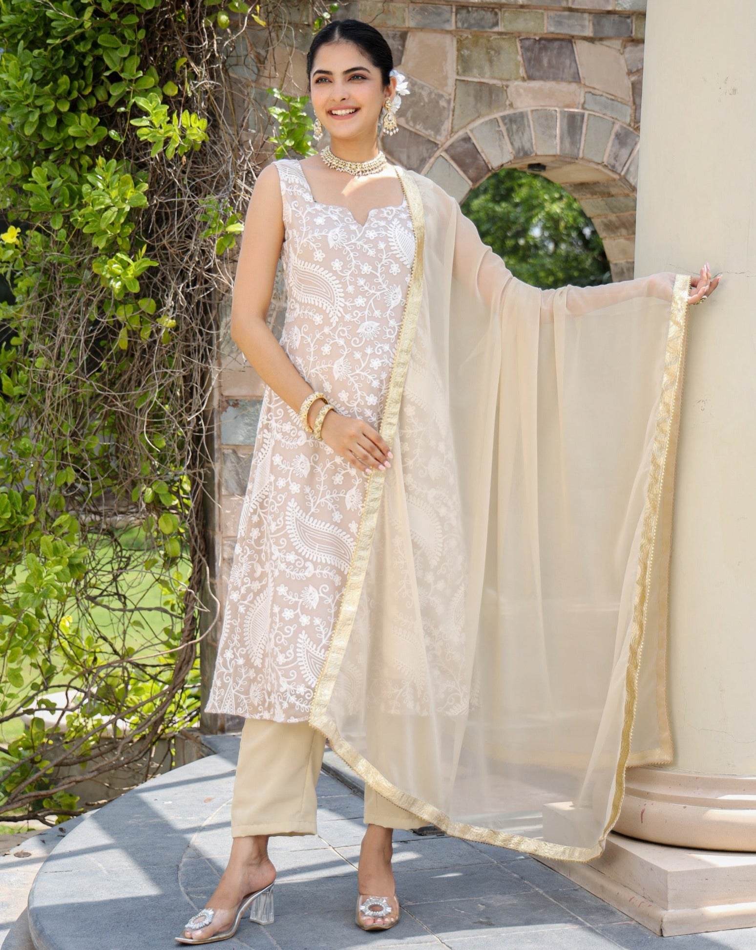 Vaani Beige Silk Chikankari Suit Set